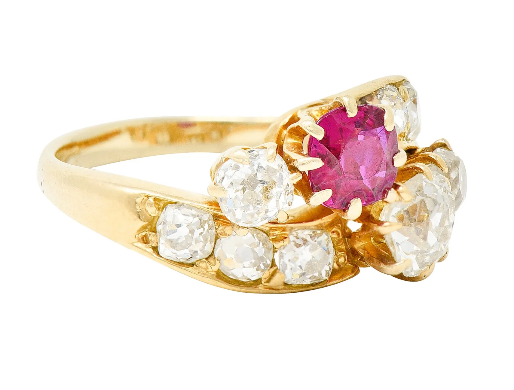 1900 Victorian 1.90 CTW Diamond Ruby 14 Karat Yellow Gold Bypass Ring