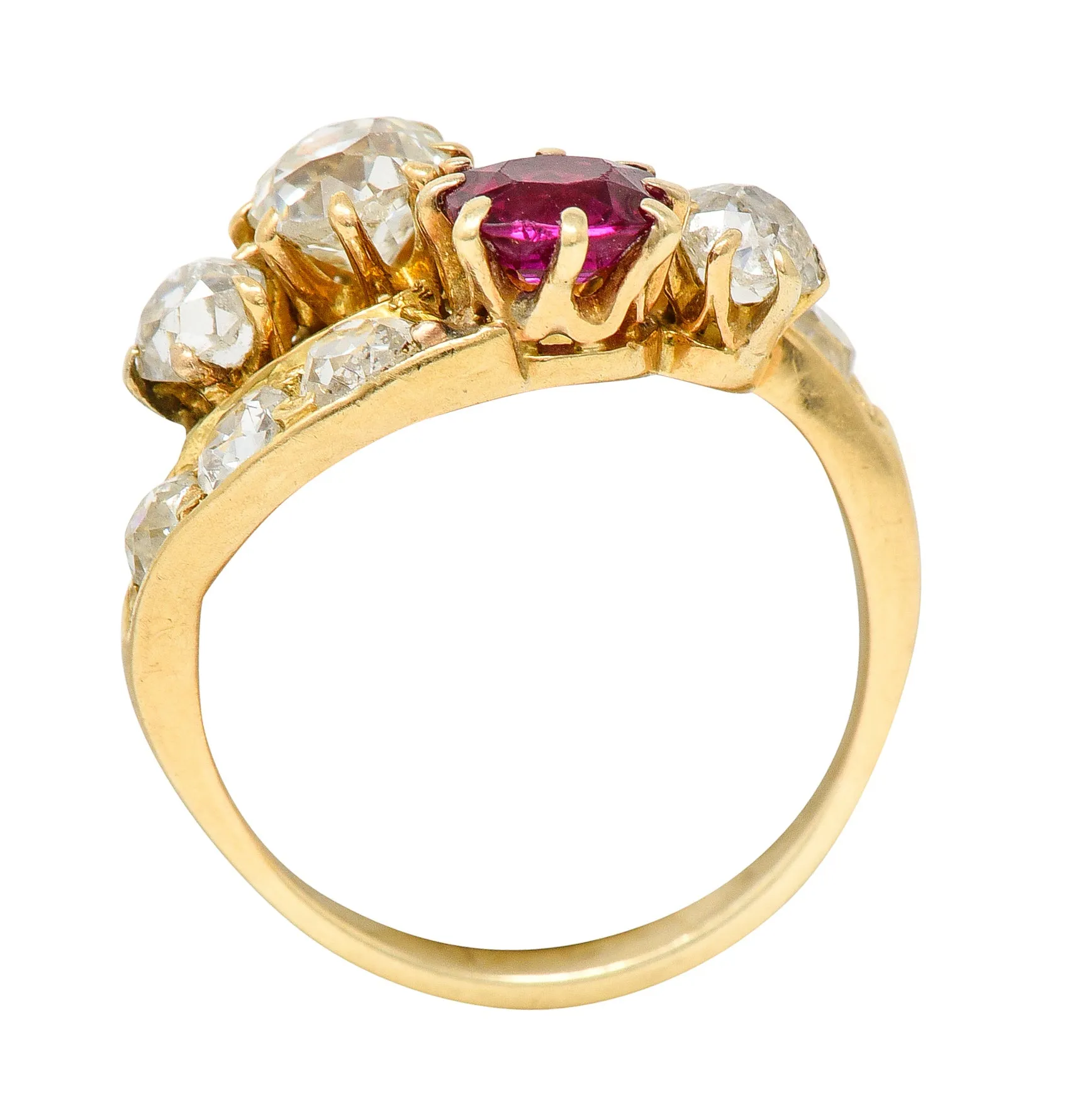 1900 Victorian 1.90 CTW Diamond Ruby 14 Karat Yellow Gold Bypass Ring