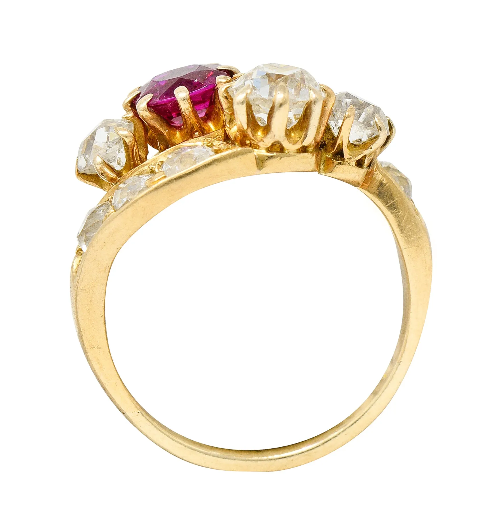 1900 Victorian 1.90 CTW Diamond Ruby 14 Karat Yellow Gold Bypass Ring