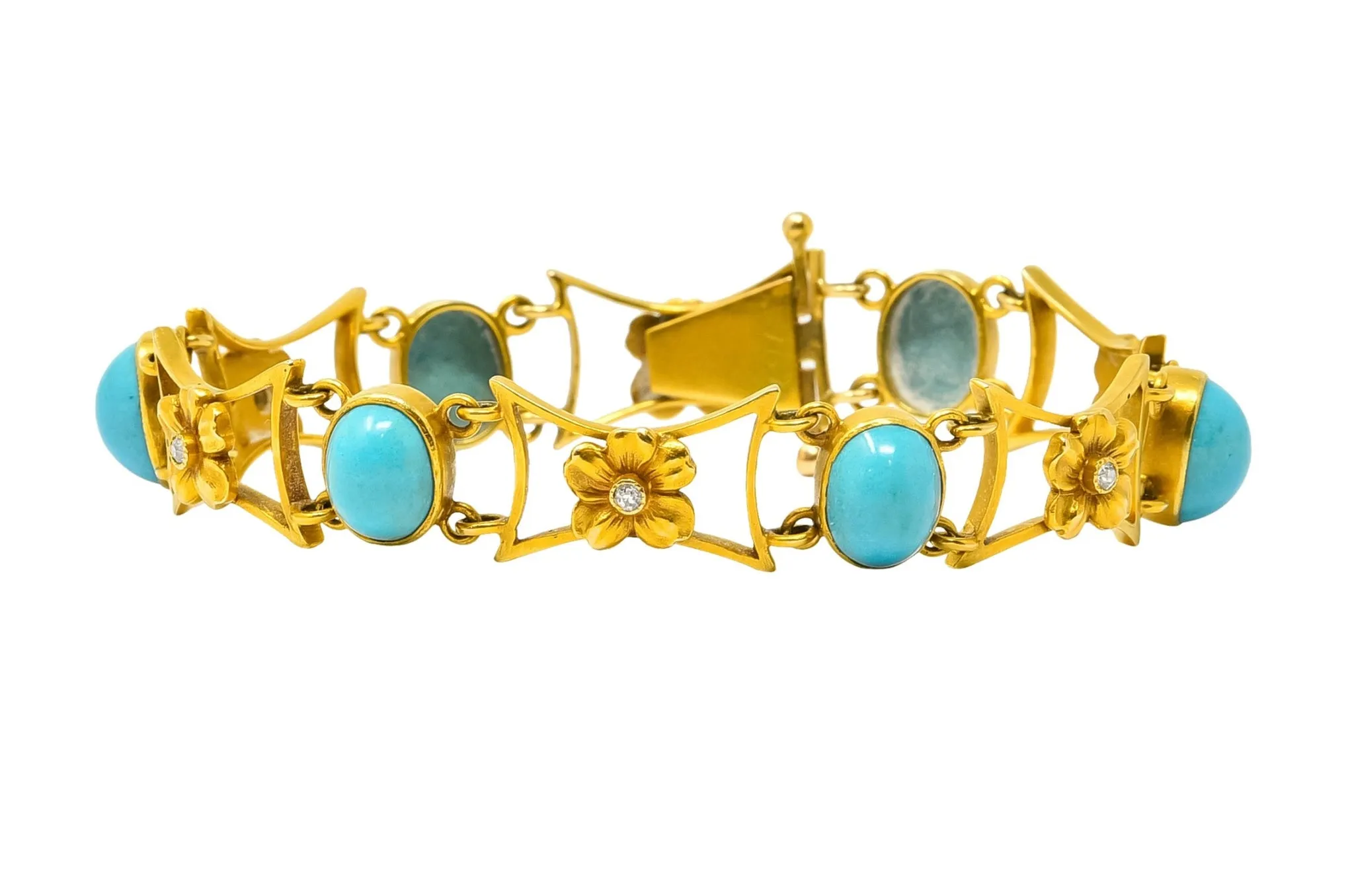 1905 Victorian Turquoise Diamond 14 Karat Yellow Gold Floral Link Bracelet