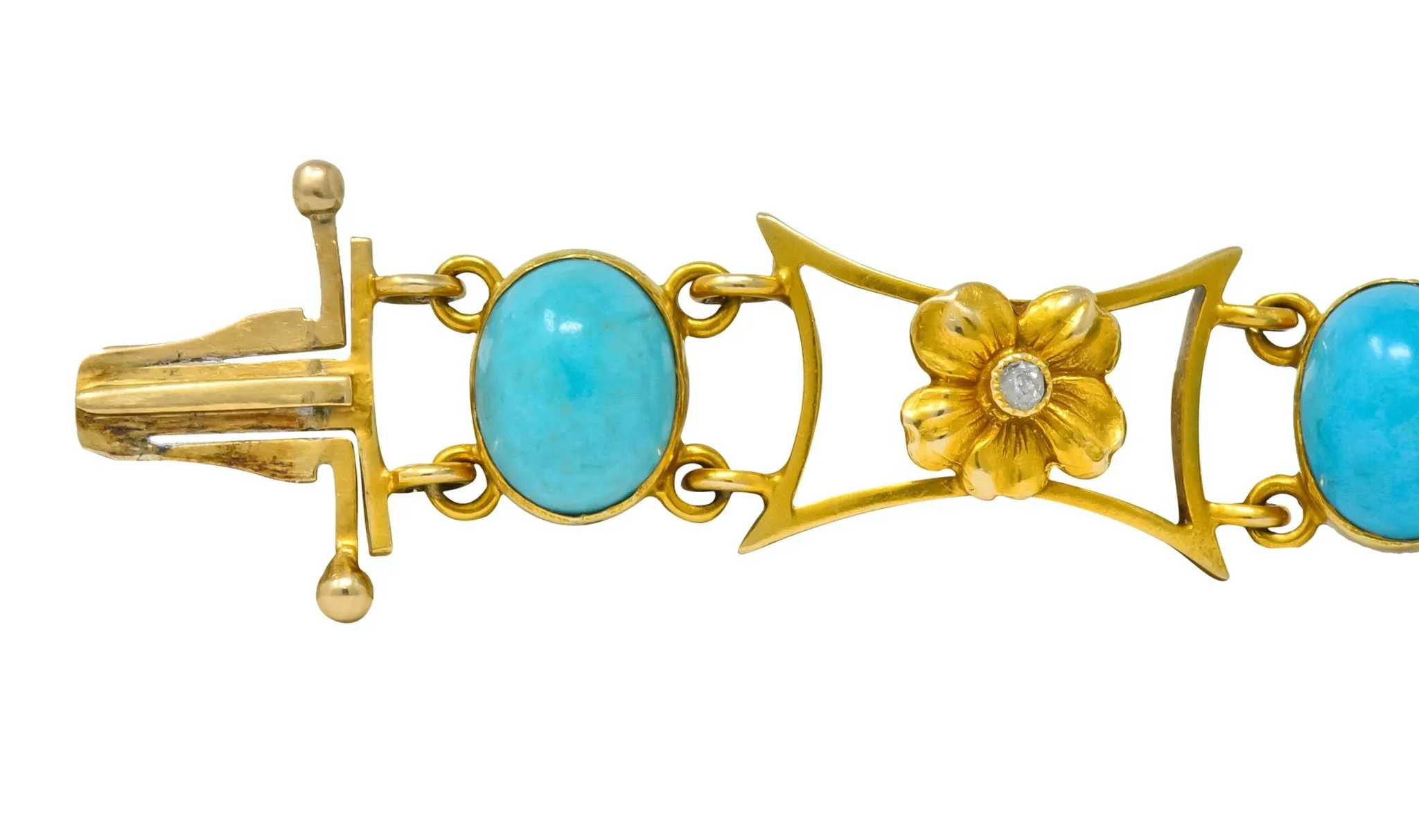 1905 Victorian Turquoise Diamond 14 Karat Yellow Gold Floral Link Bracelet