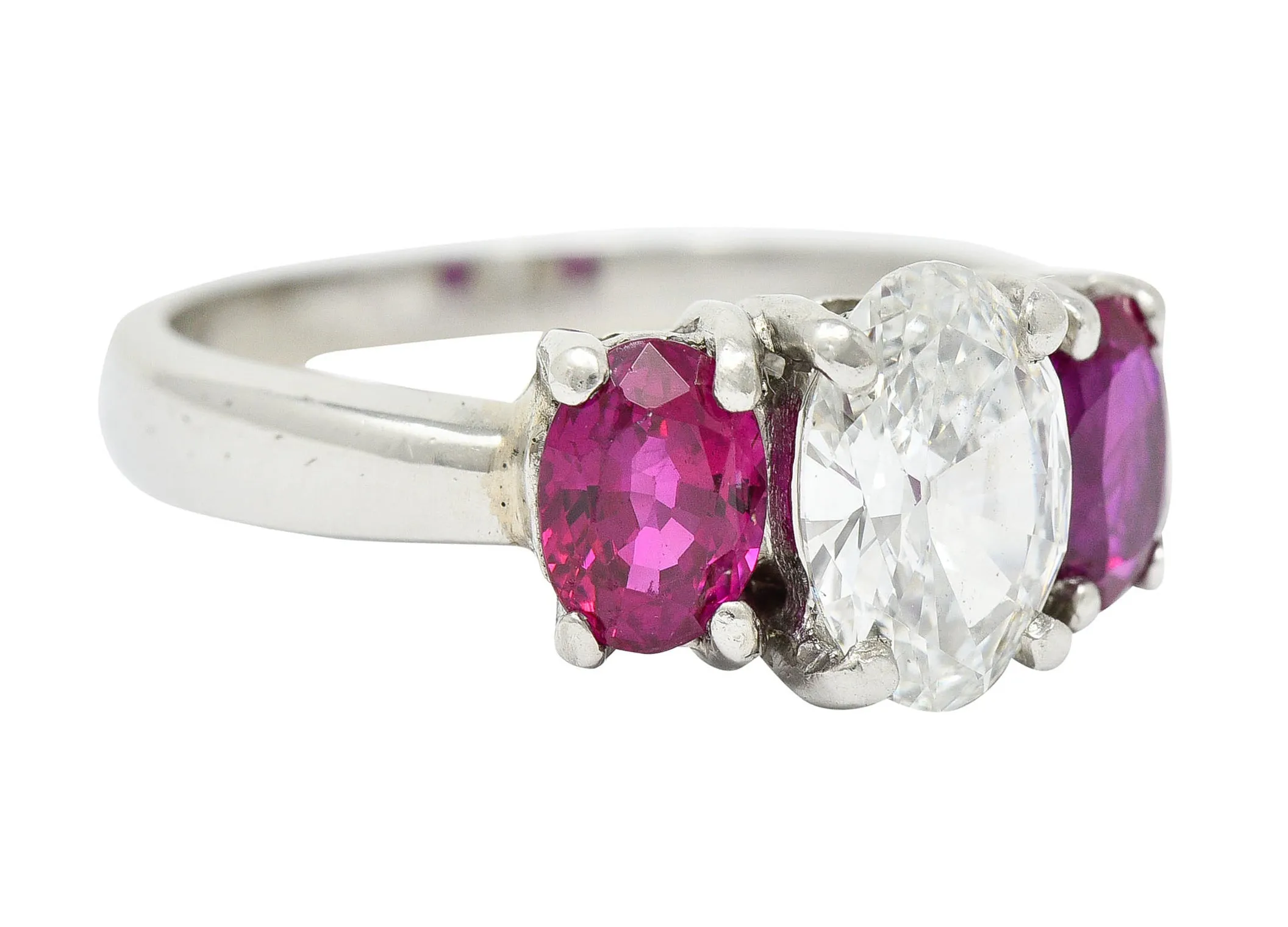 1950's Mid-Century 2.13 CTW Diamond Ruby Platinum Three Stone Ring GIA