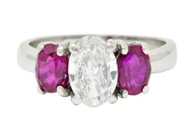 1950's Mid-Century 2.13 CTW Diamond Ruby Platinum Three Stone Ring GIA