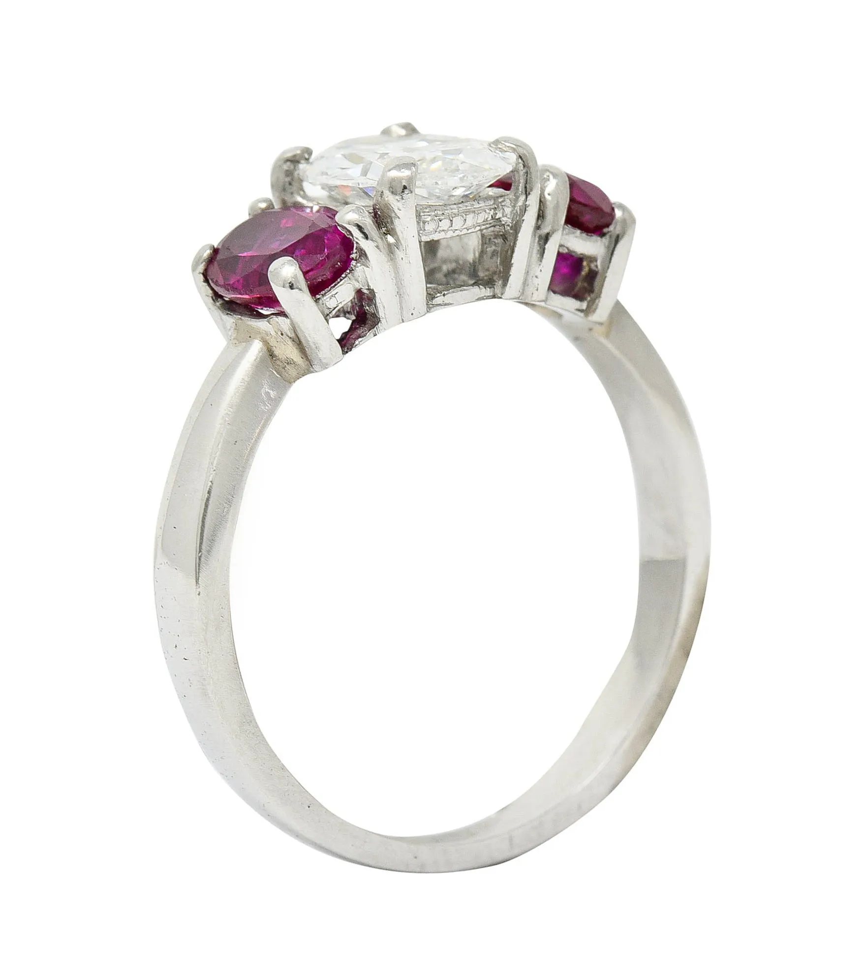 1950's Mid-Century 2.13 CTW Diamond Ruby Platinum Three Stone Ring GIA