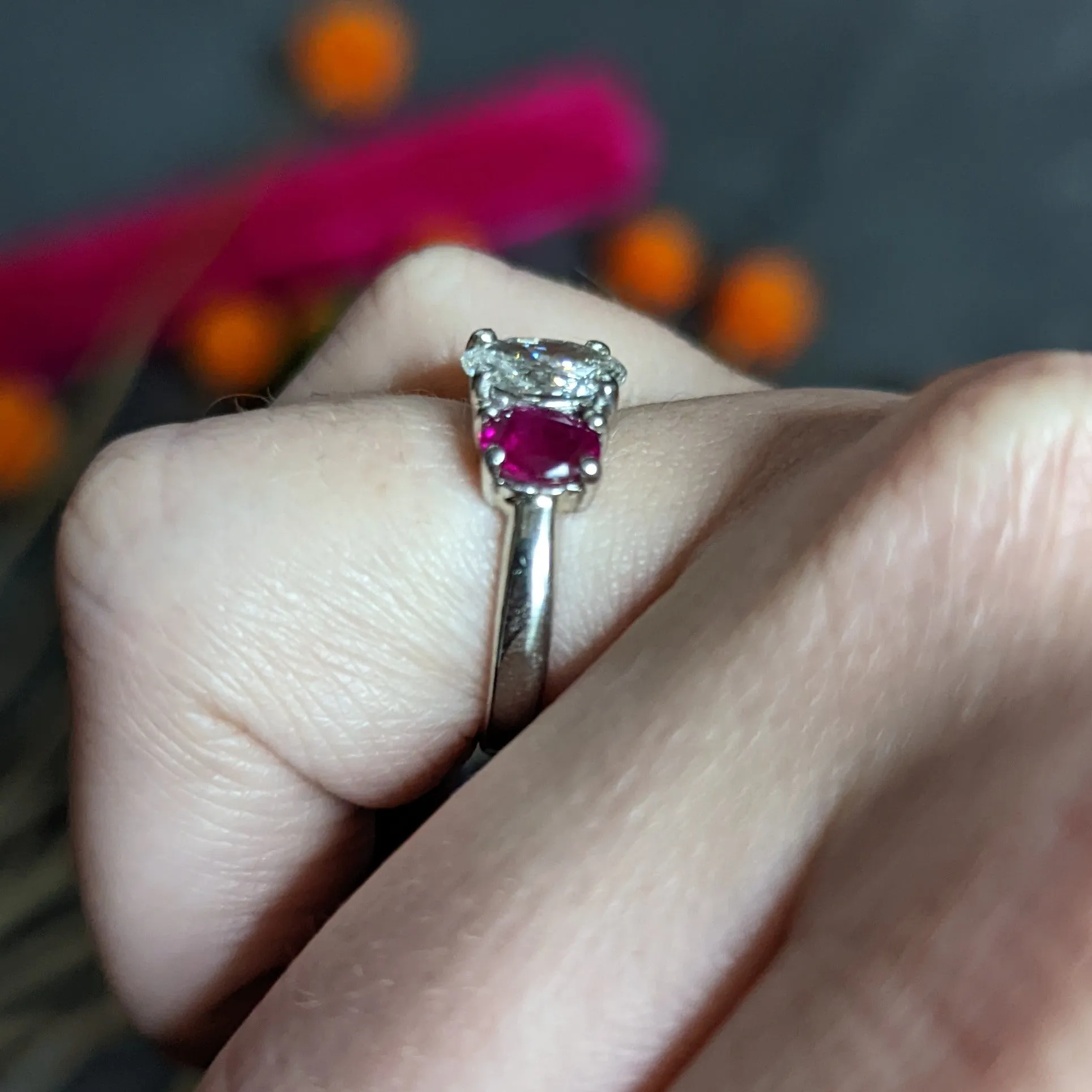 1950's Mid-Century 2.13 CTW Diamond Ruby Platinum Three Stone Ring GIA