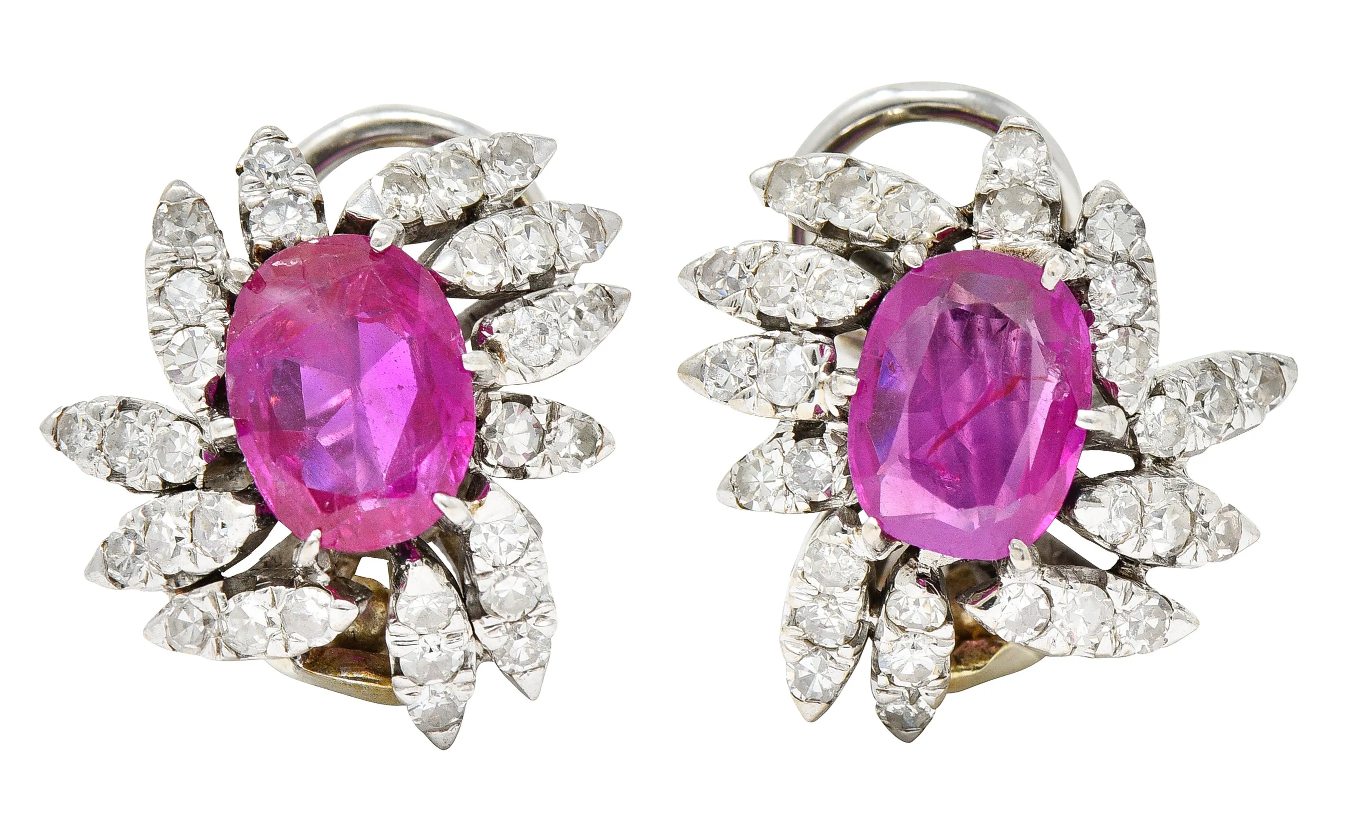 1950's Mid-Century 3.50 CTW No Heat Burma Ruby Diamond Cluster Earrings GIA