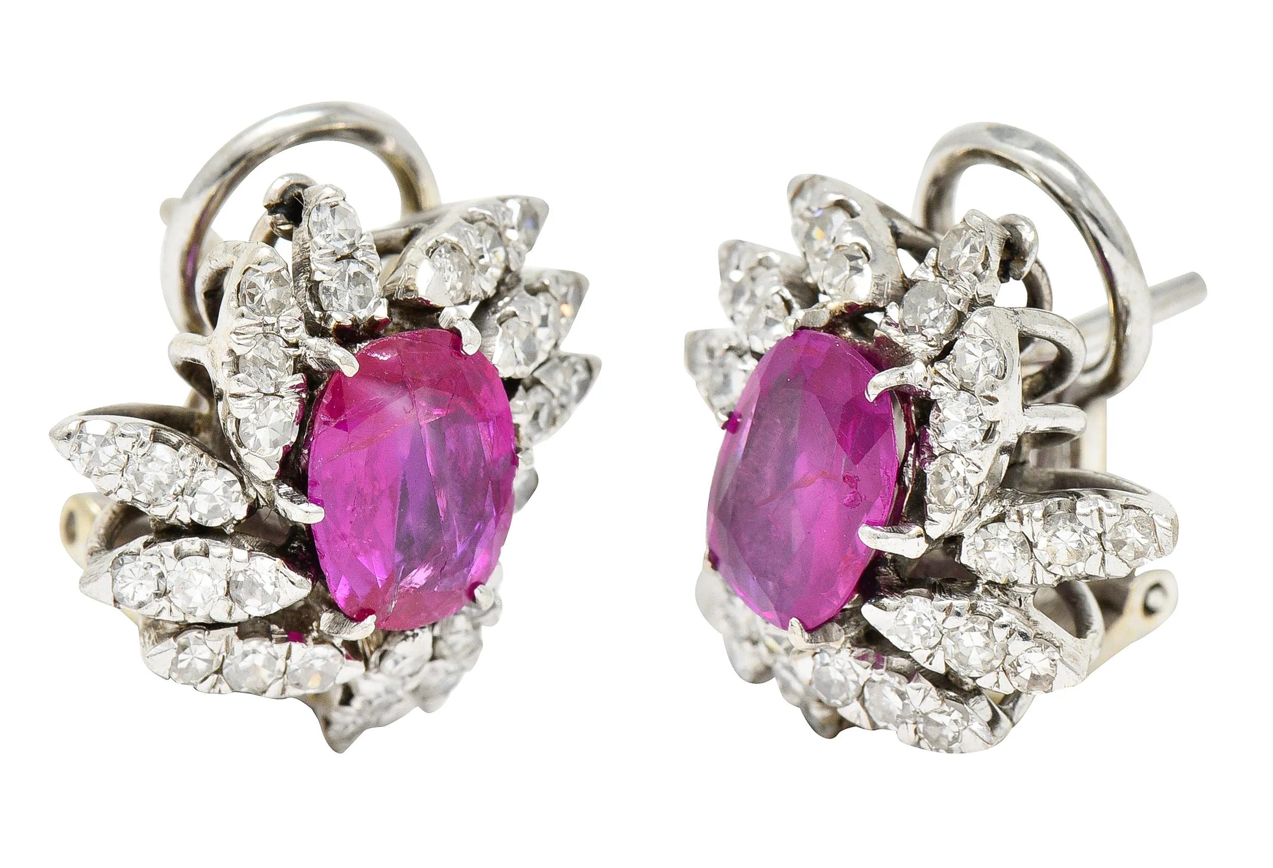 1950's Mid-Century 3.50 CTW No Heat Burma Ruby Diamond Cluster Earrings GIA