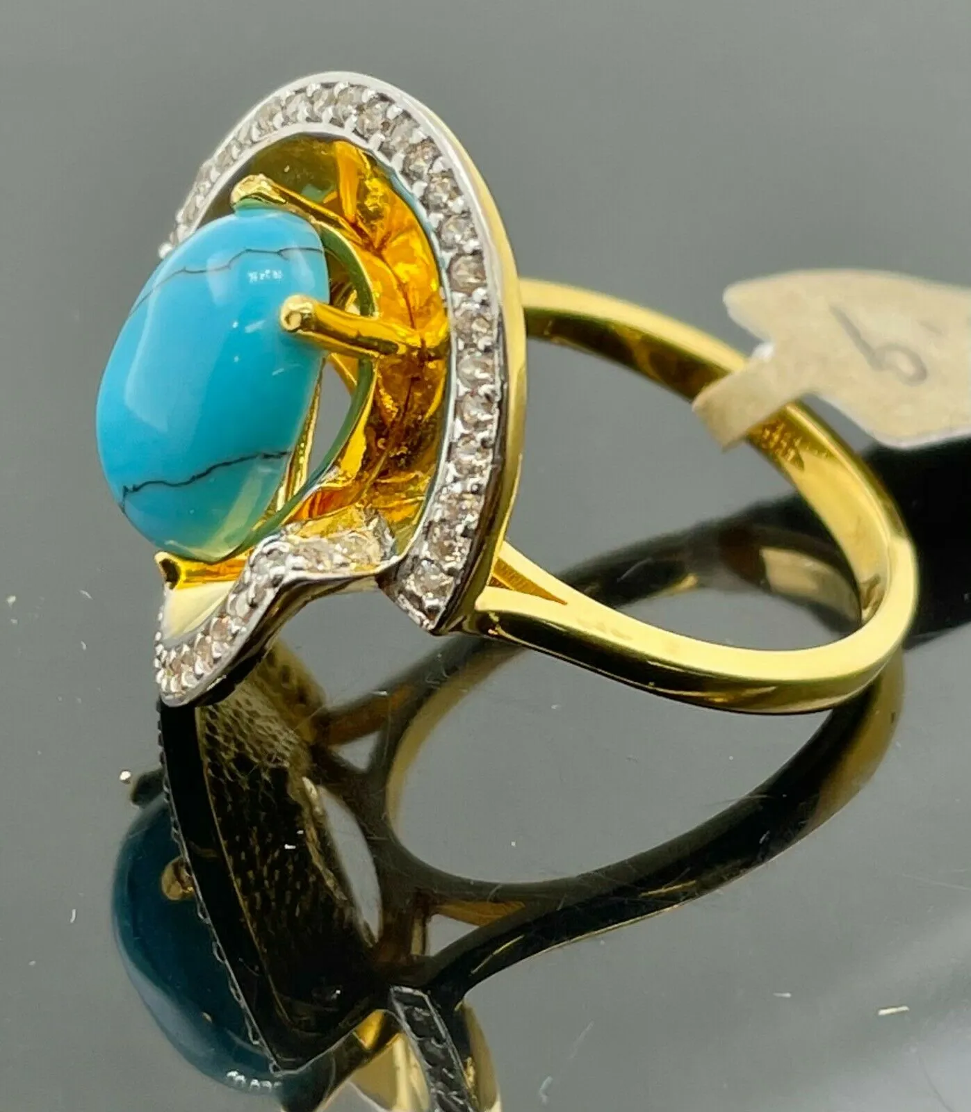 21k Ring Solid Gold Ladies Jewelry Round Turquoise Stone Filigree Design R2048z