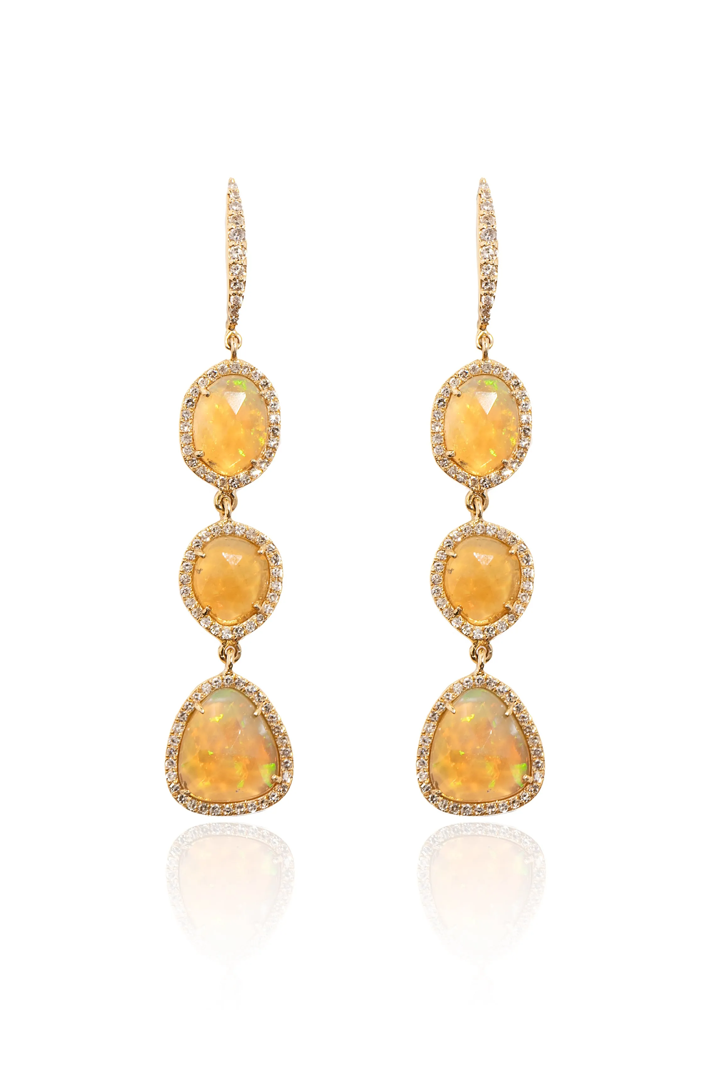 3 Diamond Opal Earrings in 14k Yellow Gold