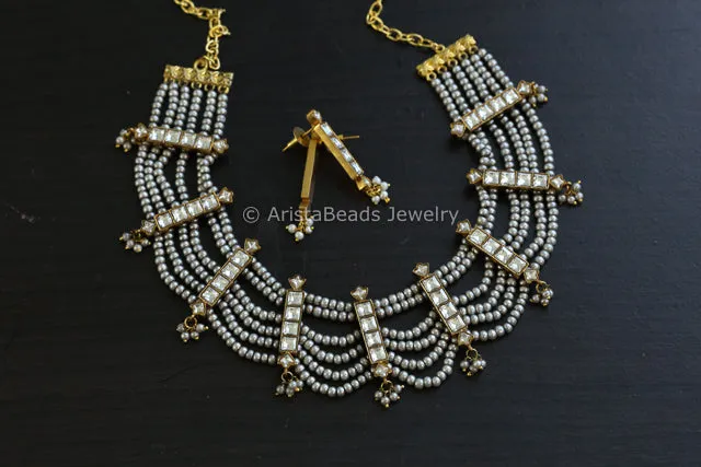 6 Line Gray Pearls & Jadau Kundan Set