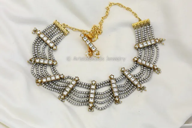 6 Line Gray Pearls & Jadau Kundan Set