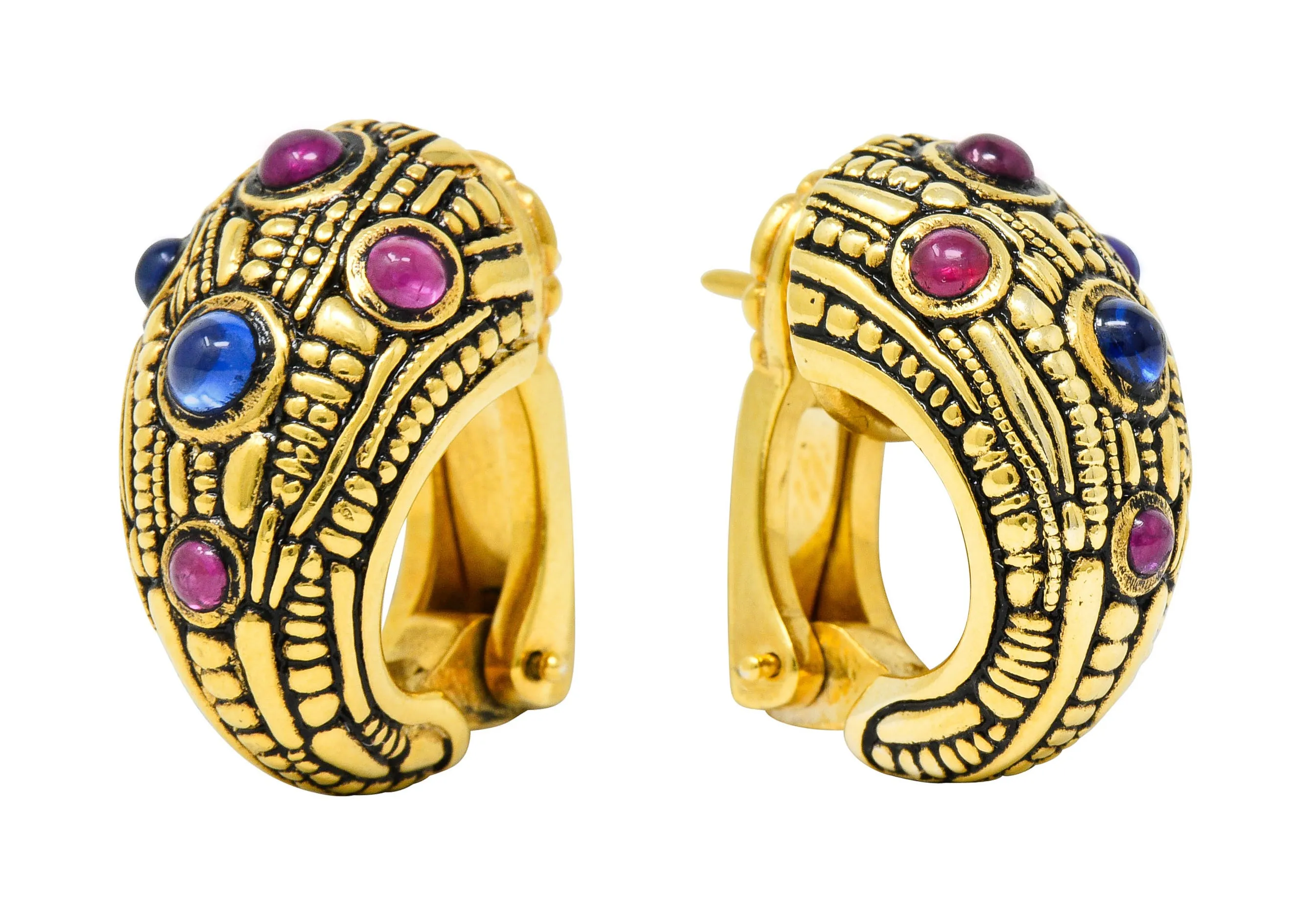 Alex Sepkus 0.35 CTW Sapphire Ruby 18 Karat Gold J Hoop Earrings