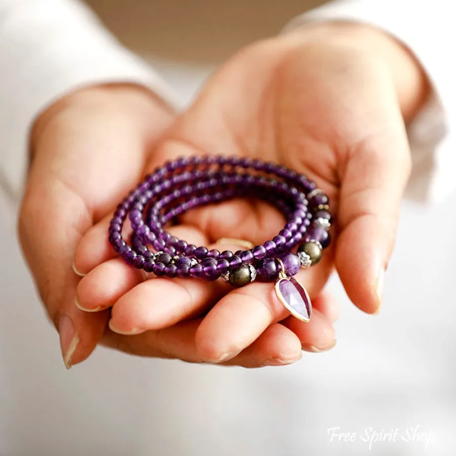 Amethyst & Heart Charm Bead Bracelet / Necklace