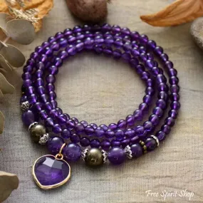 Amethyst & Heart Charm Bead Bracelet / Necklace