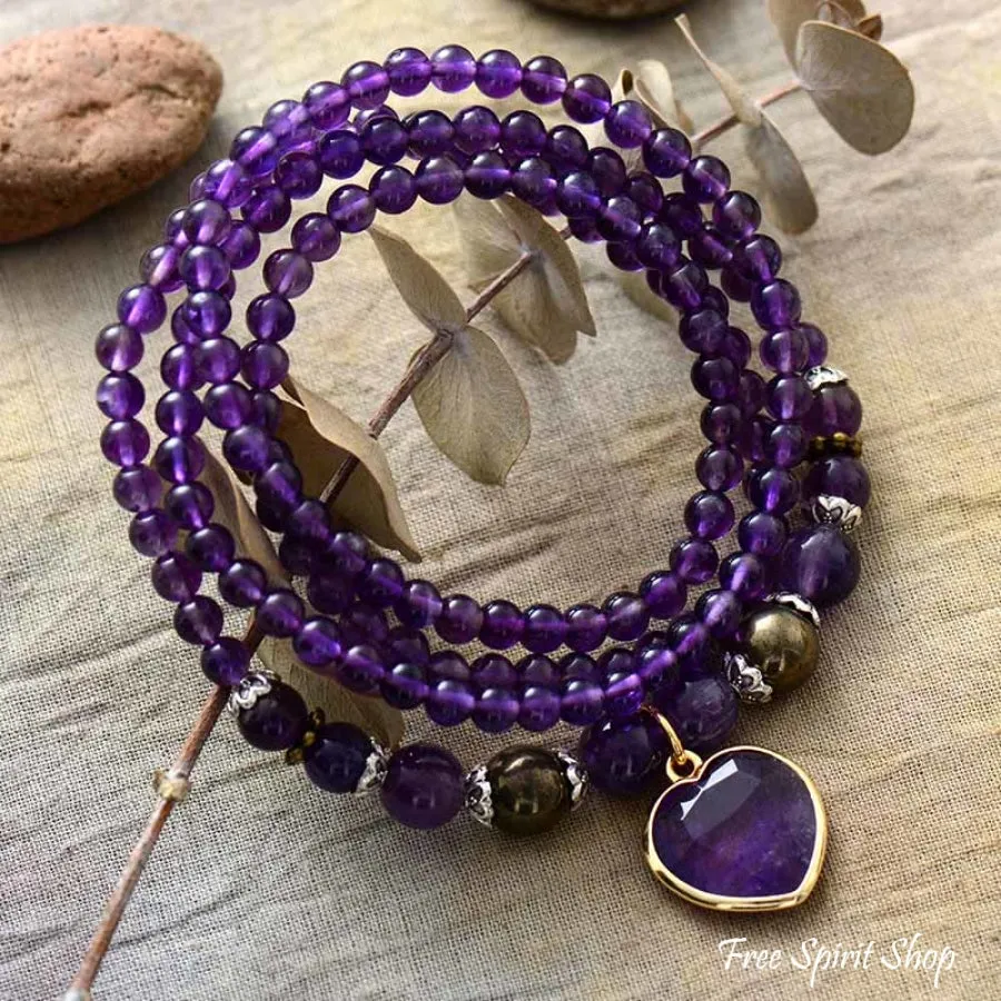 Amethyst & Heart Charm Bead Bracelet / Necklace