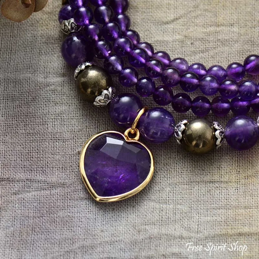 Amethyst & Heart Charm Bead Bracelet / Necklace