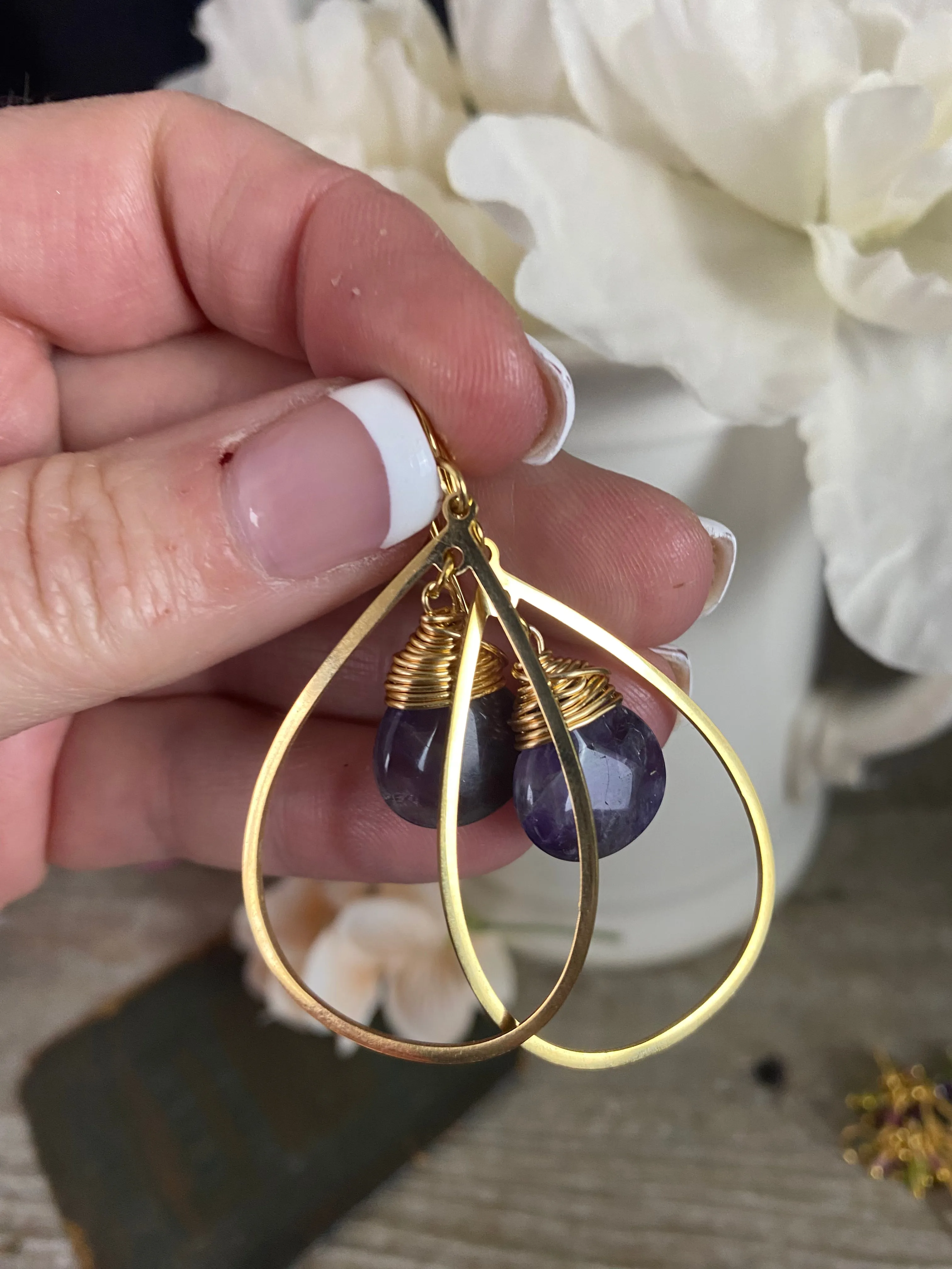 Amethyst stone, gold metal teardrop earrings