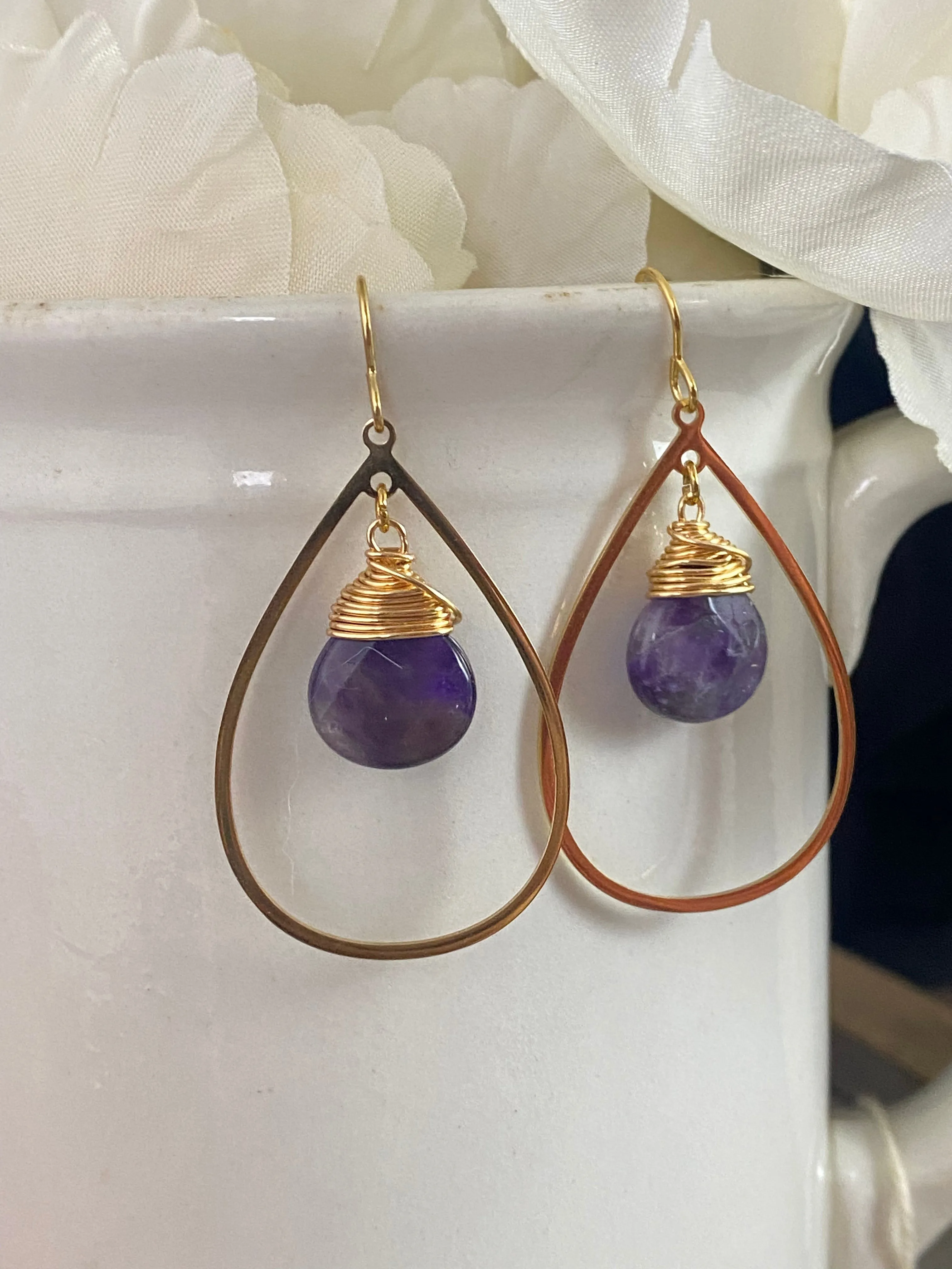 Amethyst stone, gold metal teardrop earrings