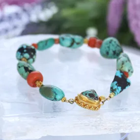 Antique Tibetan Turquoise with Coral And 18K Gold Bracelet #1