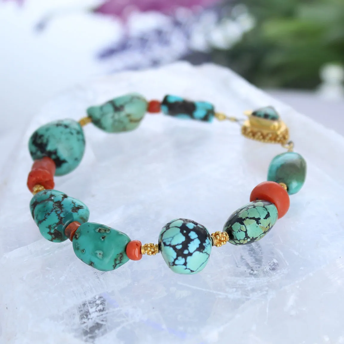 Antique Tibetan Turquoise with Coral And 18K Gold Bracelet #1