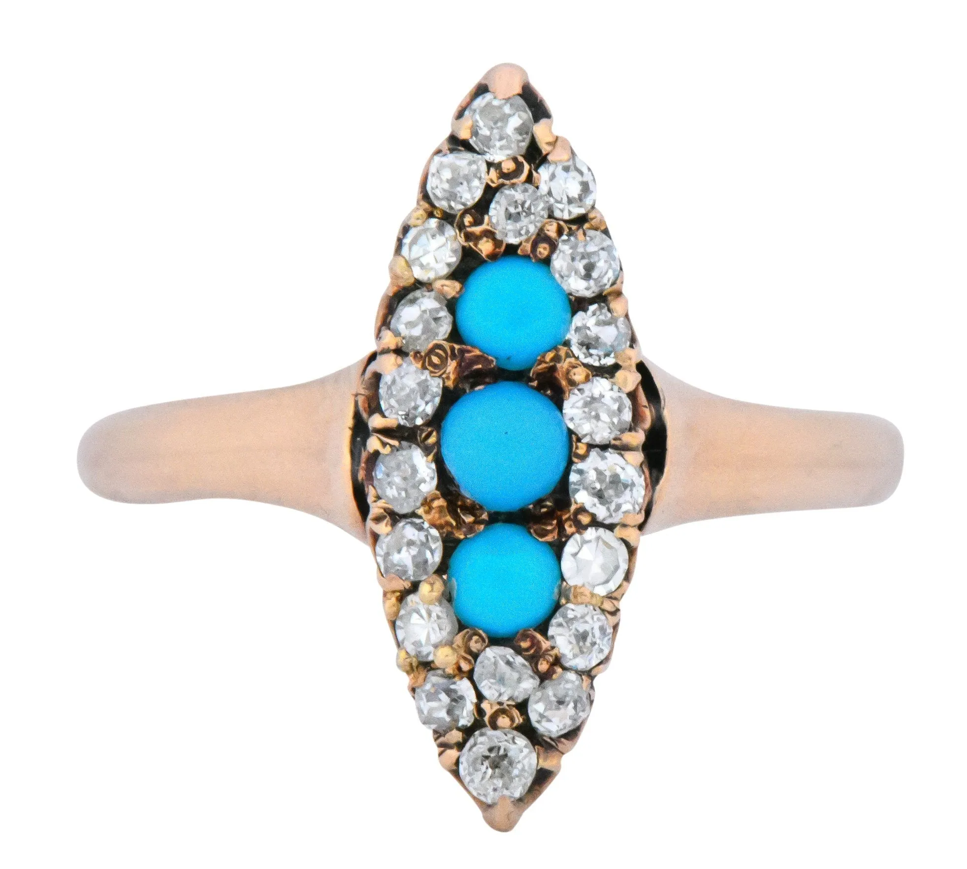 Antique Victorian 0.30 CTW Diamond Turquoise 14 Karat Gold Navette Ring