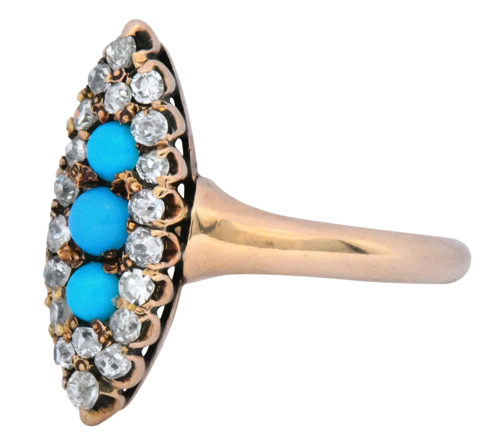 Antique Victorian 0.30 CTW Diamond Turquoise 14 Karat Gold Navette Ring