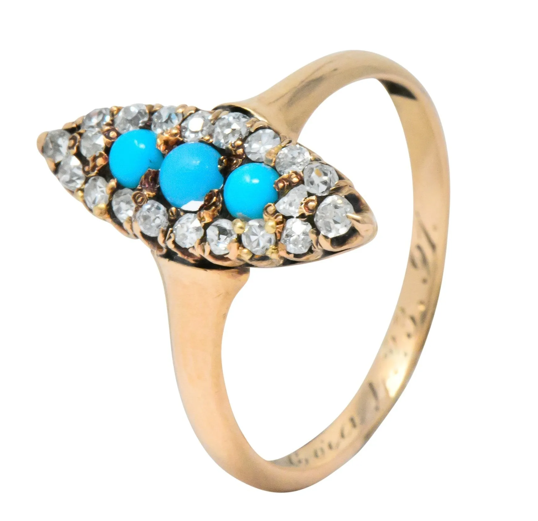 Antique Victorian 0.30 CTW Diamond Turquoise 14 Karat Gold Navette Ring