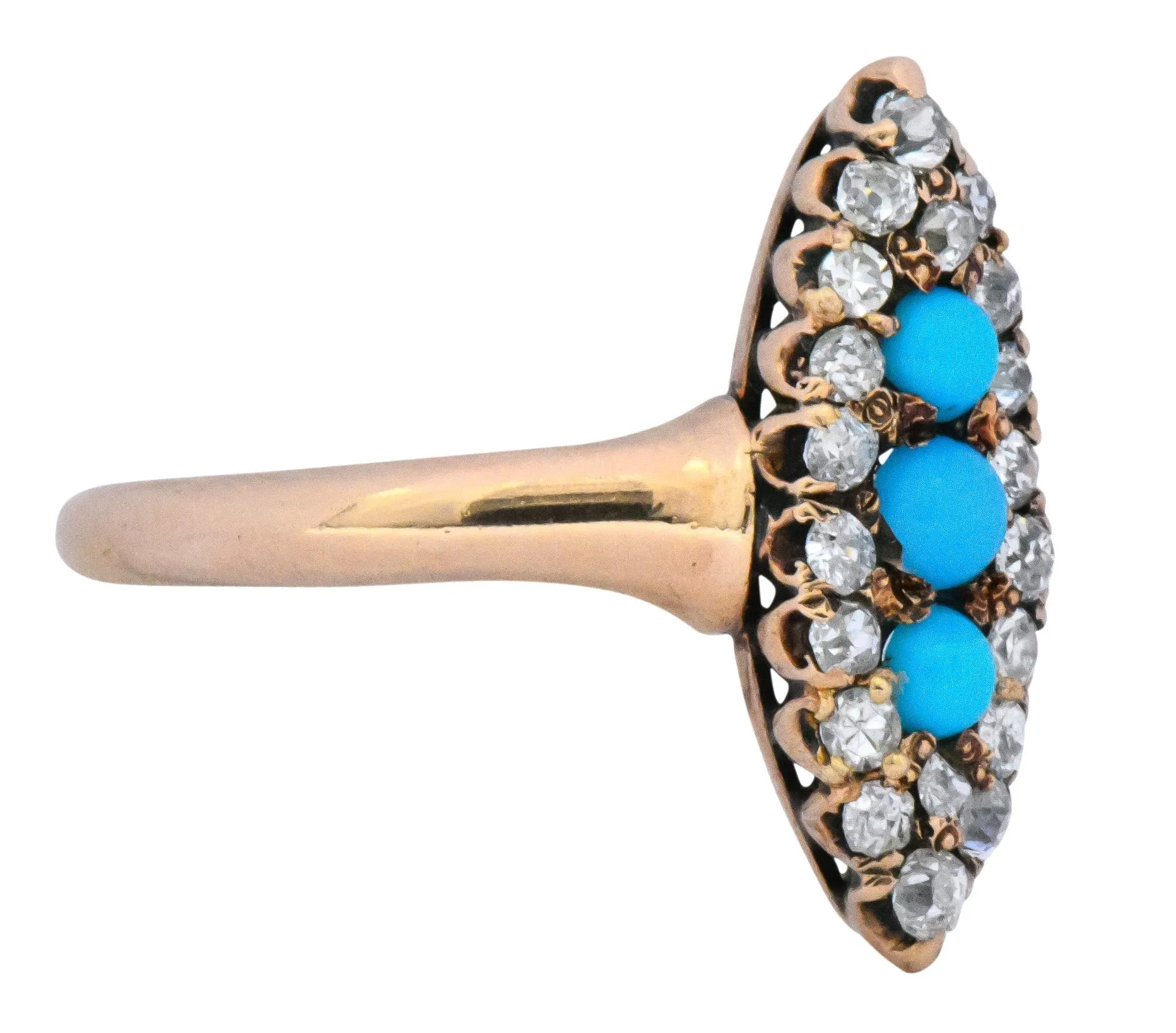 Antique Victorian 0.30 CTW Diamond Turquoise 14 Karat Gold Navette Ring