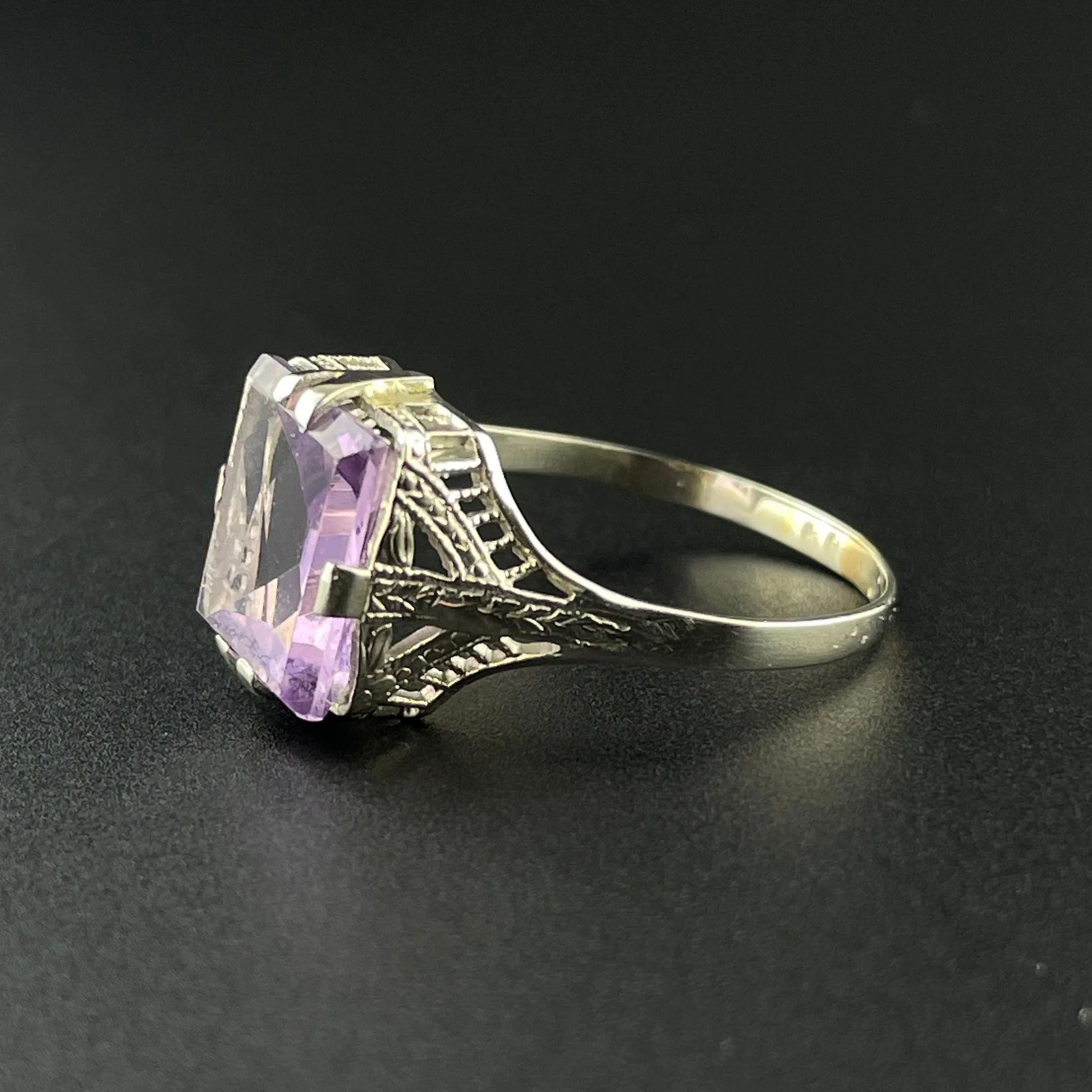 Art Deco 14K White Gold Amethyst Ring, Sz 6.5