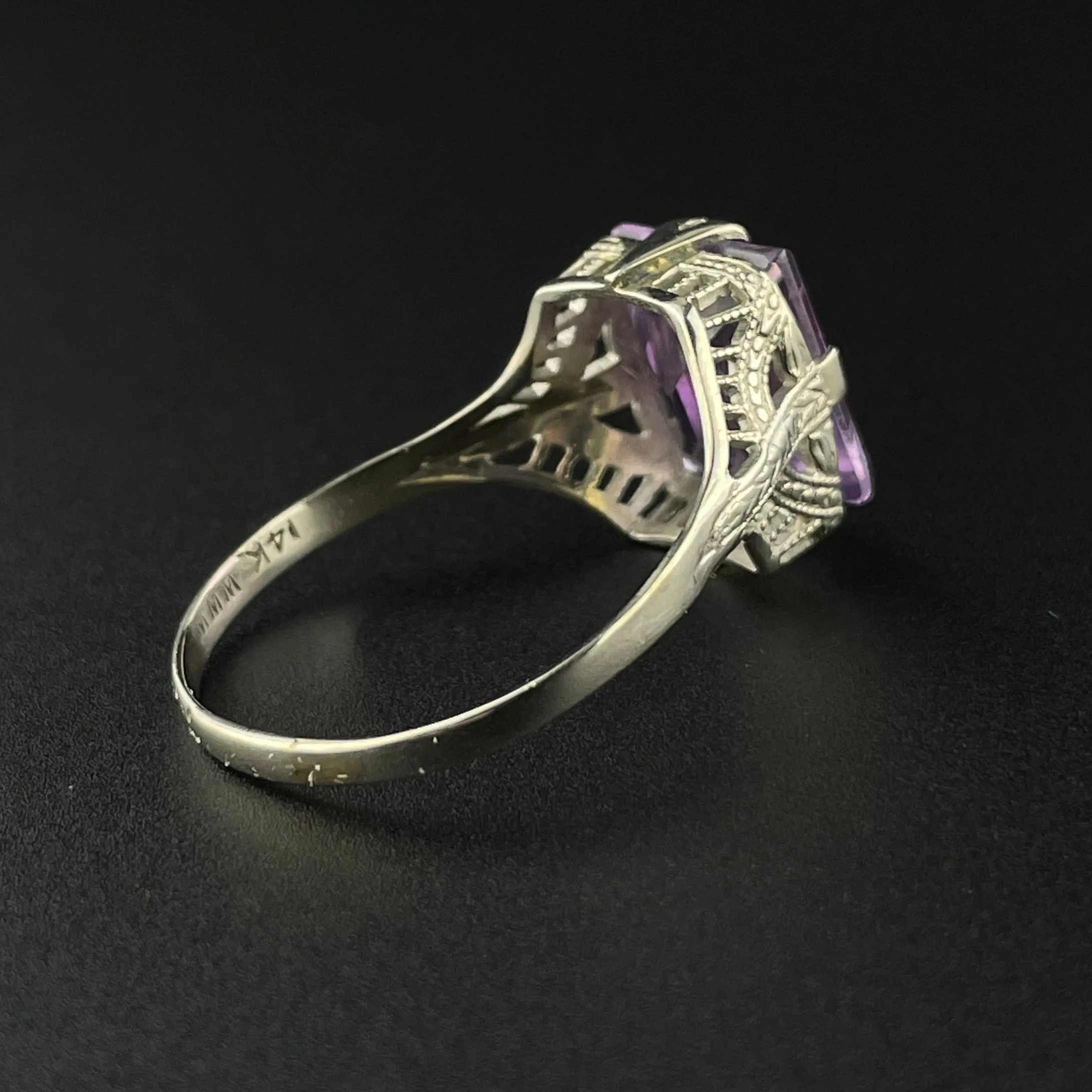 Art Deco 14K White Gold Amethyst Ring, Sz 6.5