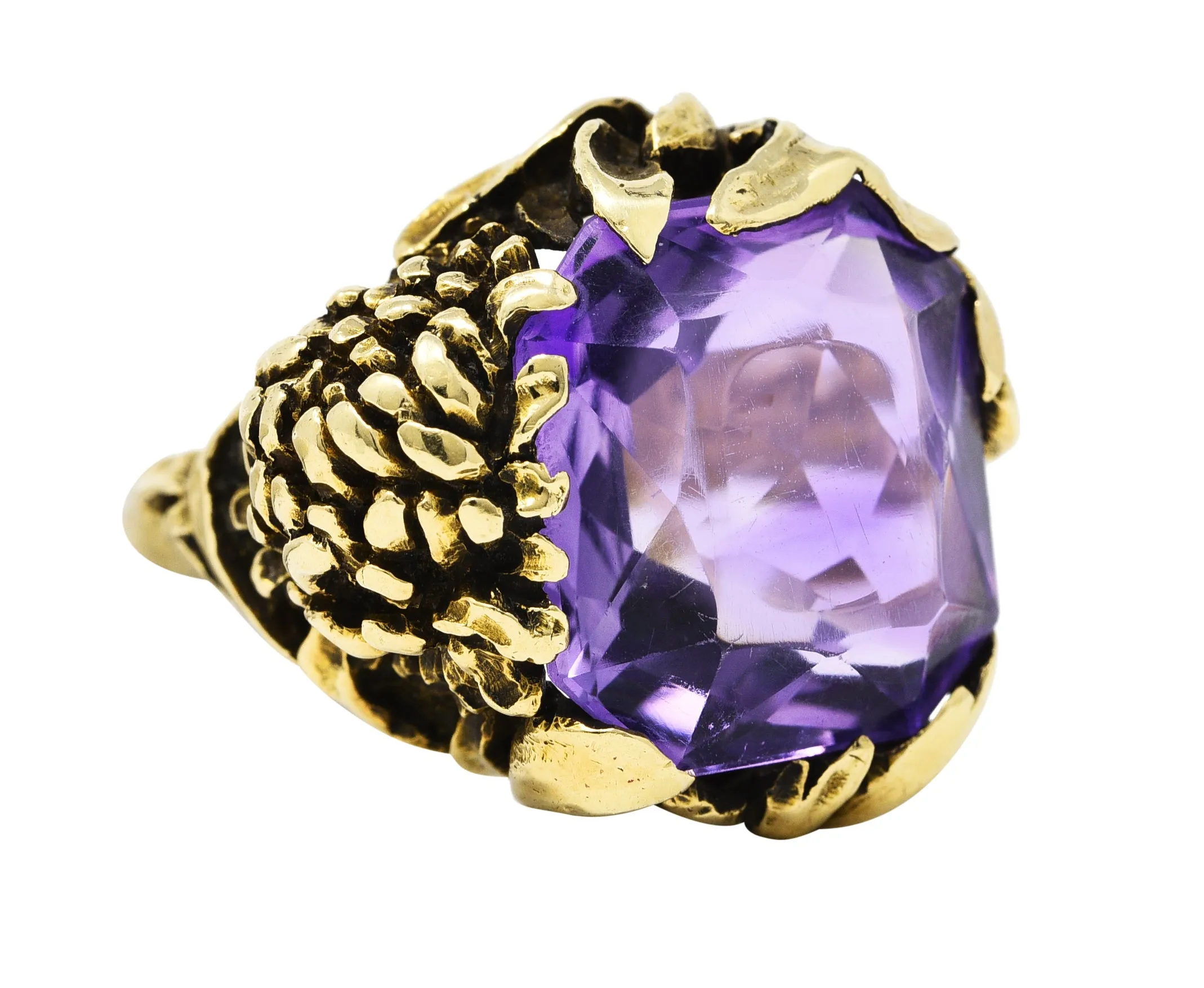 Art Nouveau Amethyst 14 Karat Yellow Gold Chrysanthemum Antique Flower Ring