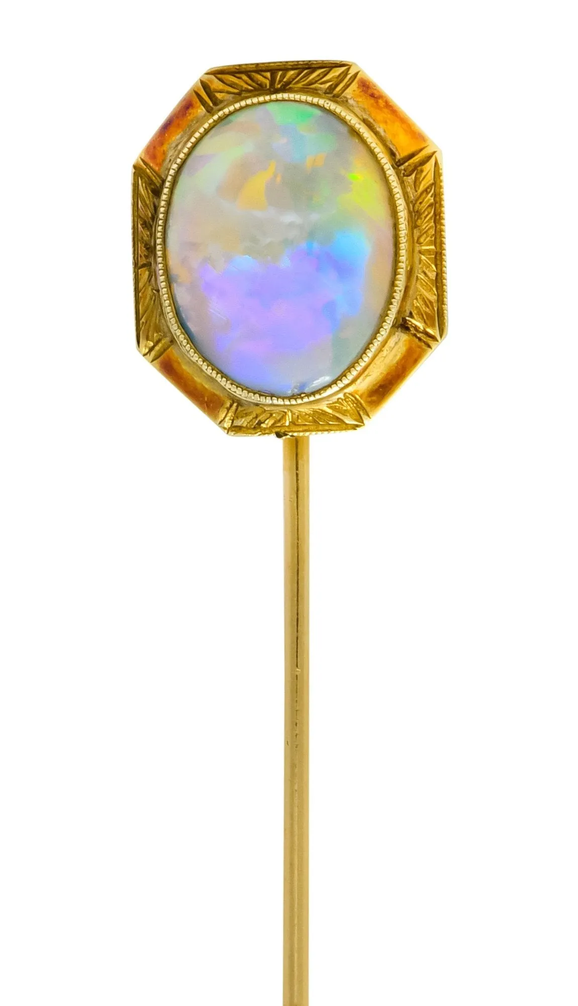 Art Nouveau Jelly Opal Cabochon 14 Karat Gold Hexagonal Stickpin