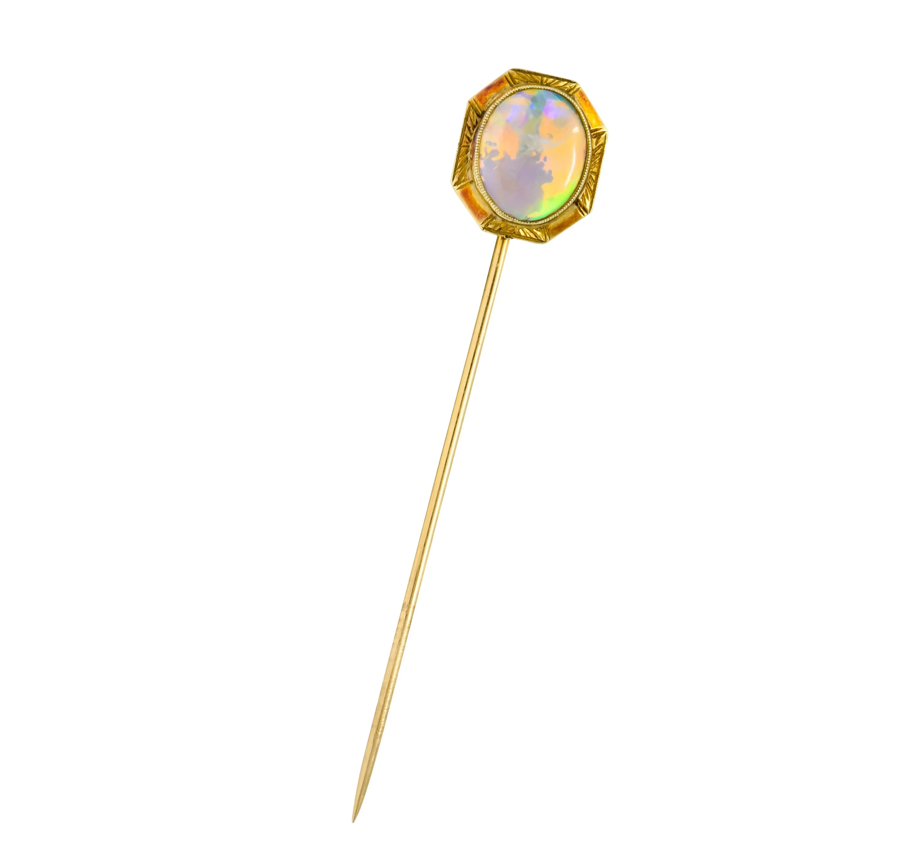 Art Nouveau Jelly Opal Cabochon 14 Karat Gold Hexagonal Stickpin