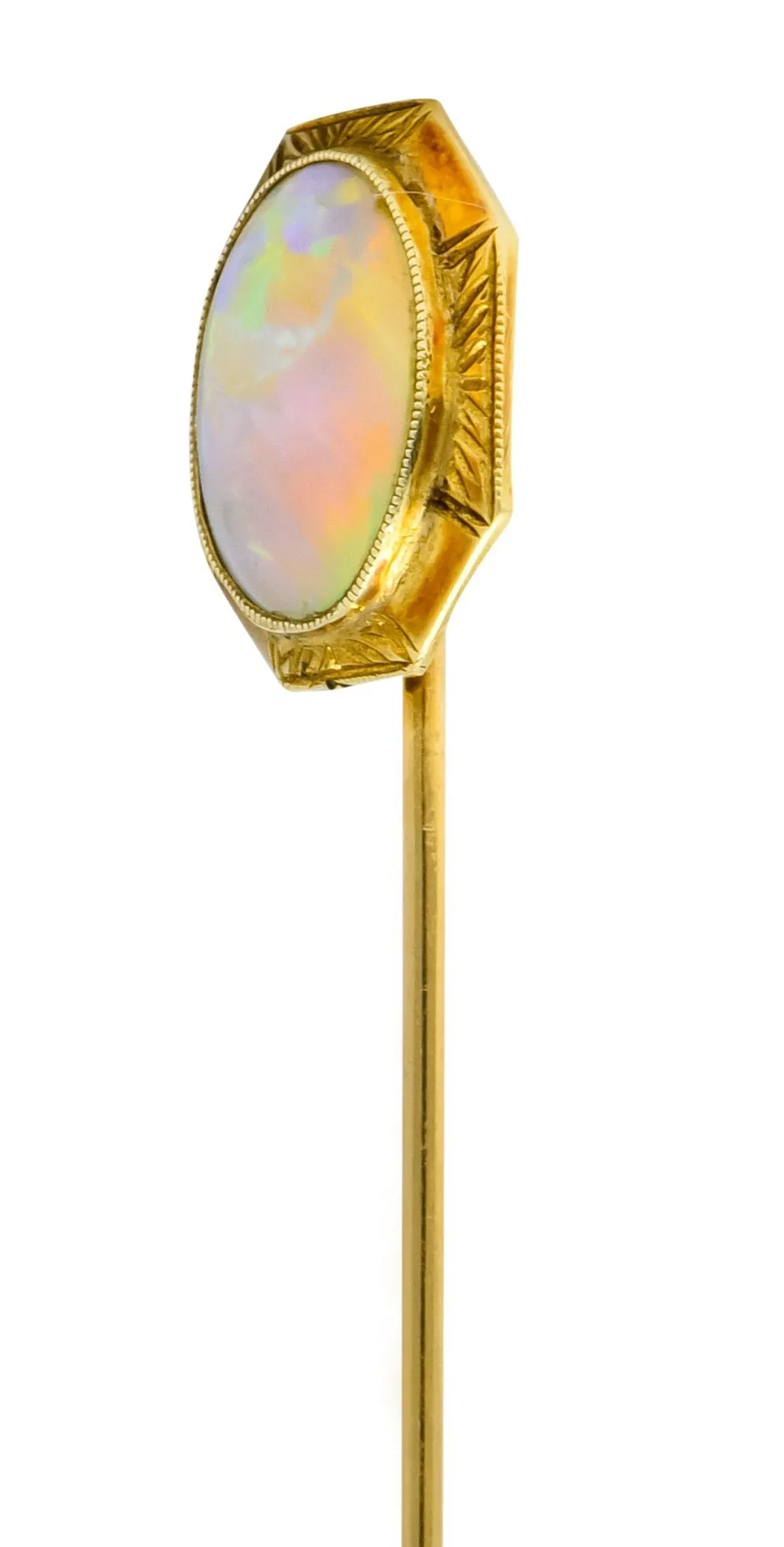 Art Nouveau Jelly Opal Cabochon 14 Karat Gold Hexagonal Stickpin