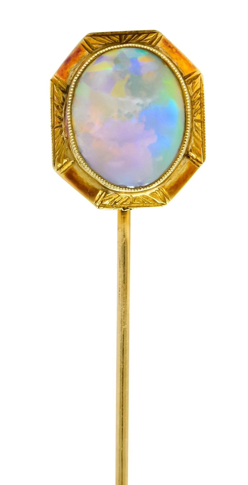 Art Nouveau Jelly Opal Cabochon 14 Karat Gold Hexagonal Stickpin