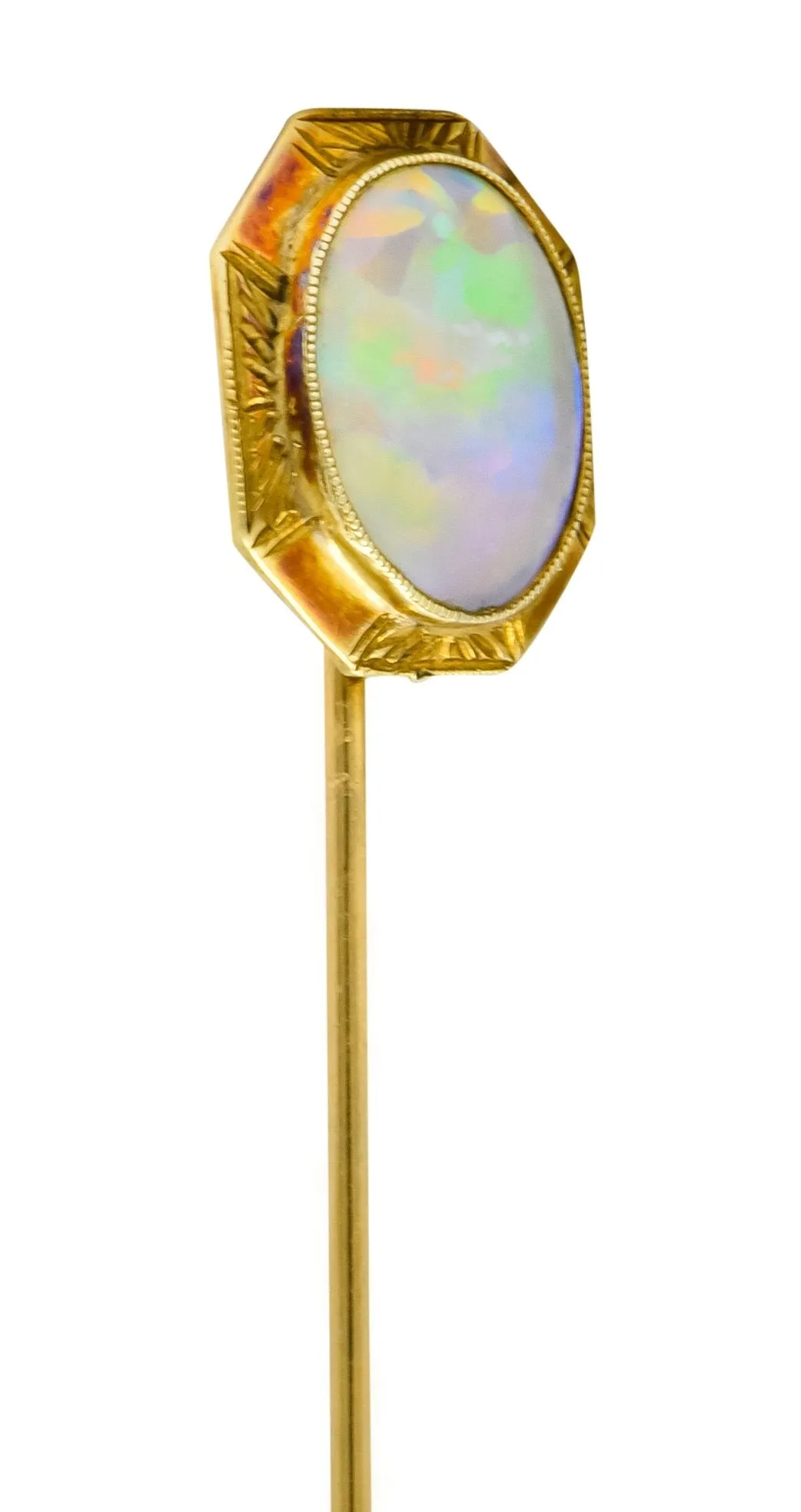 Art Nouveau Jelly Opal Cabochon 14 Karat Gold Hexagonal Stickpin