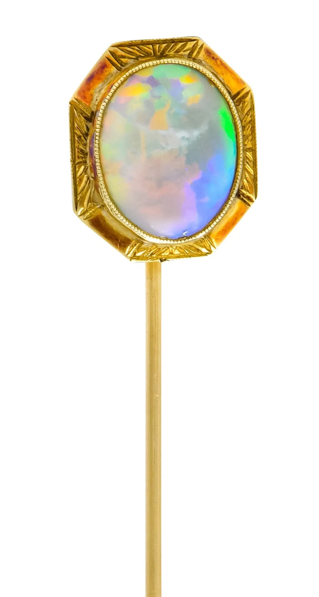 Art Nouveau Jelly Opal Cabochon 14 Karat Gold Hexagonal Stickpin