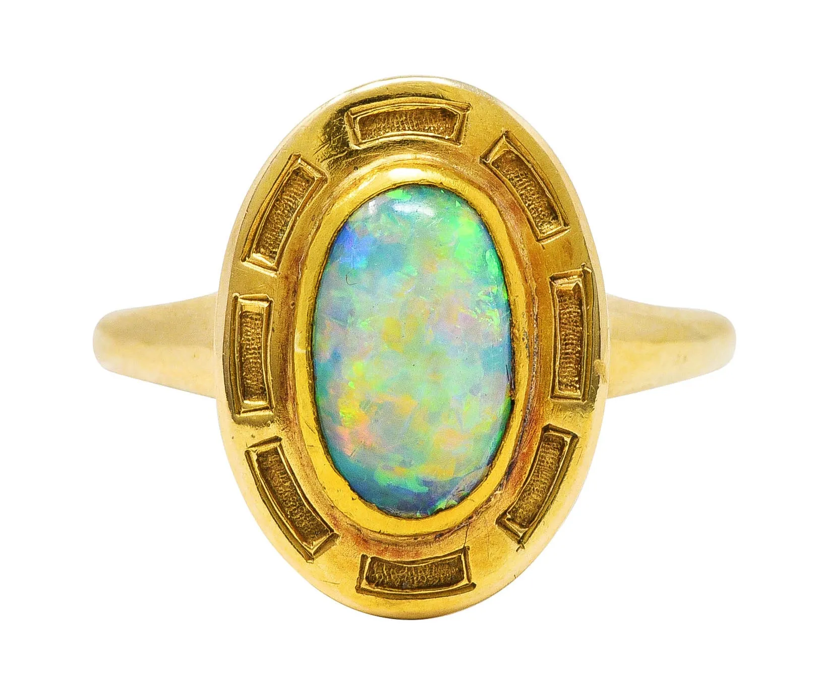 Art Nouveau Opal 14 Karat Yellow Gold Geometric Gemstone Ring