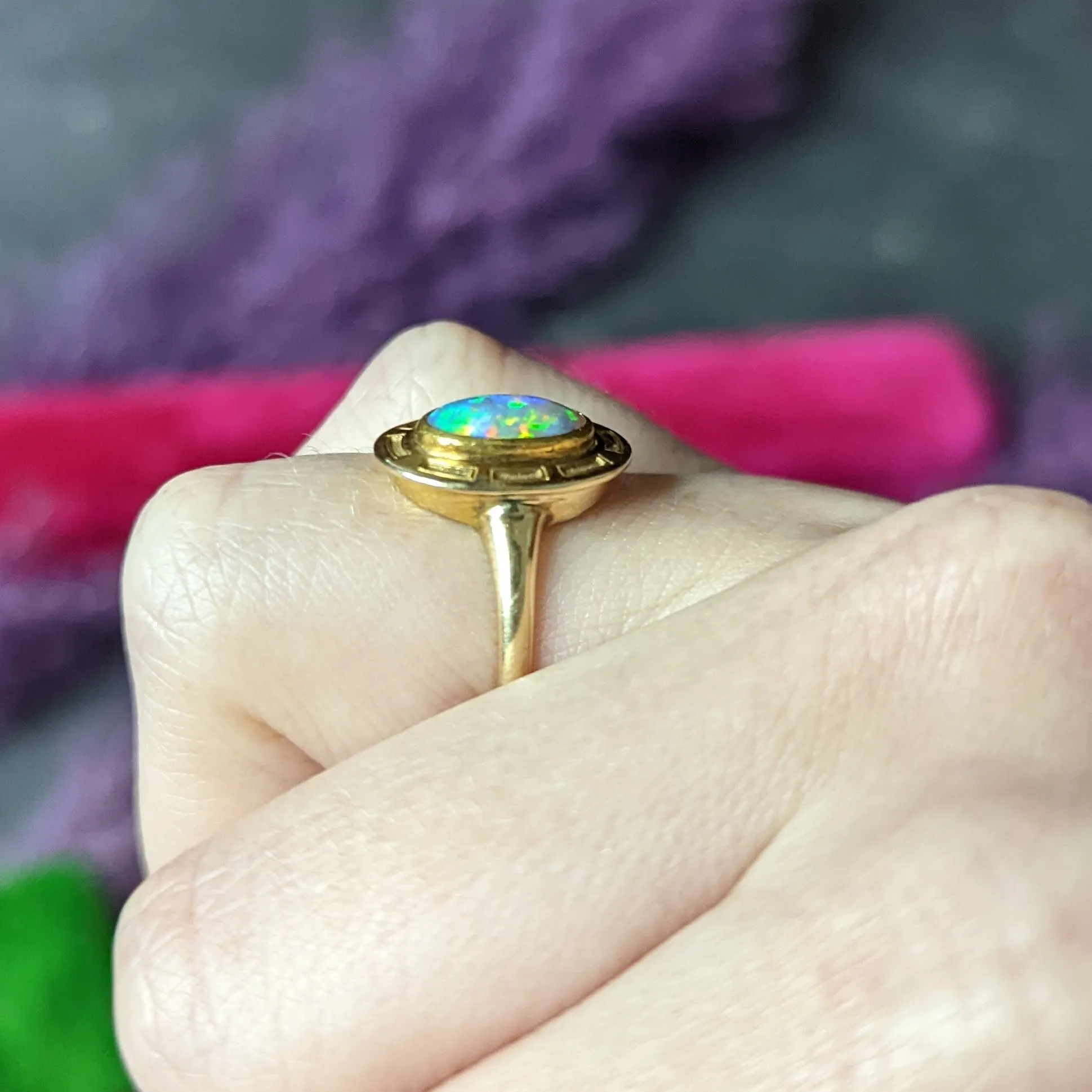 Art Nouveau Opal 14 Karat Yellow Gold Geometric Gemstone Ring