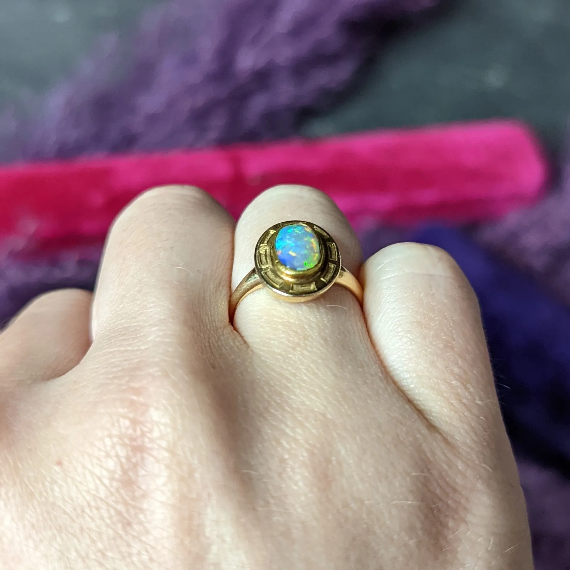 Art Nouveau Opal 14 Karat Yellow Gold Geometric Gemstone Ring