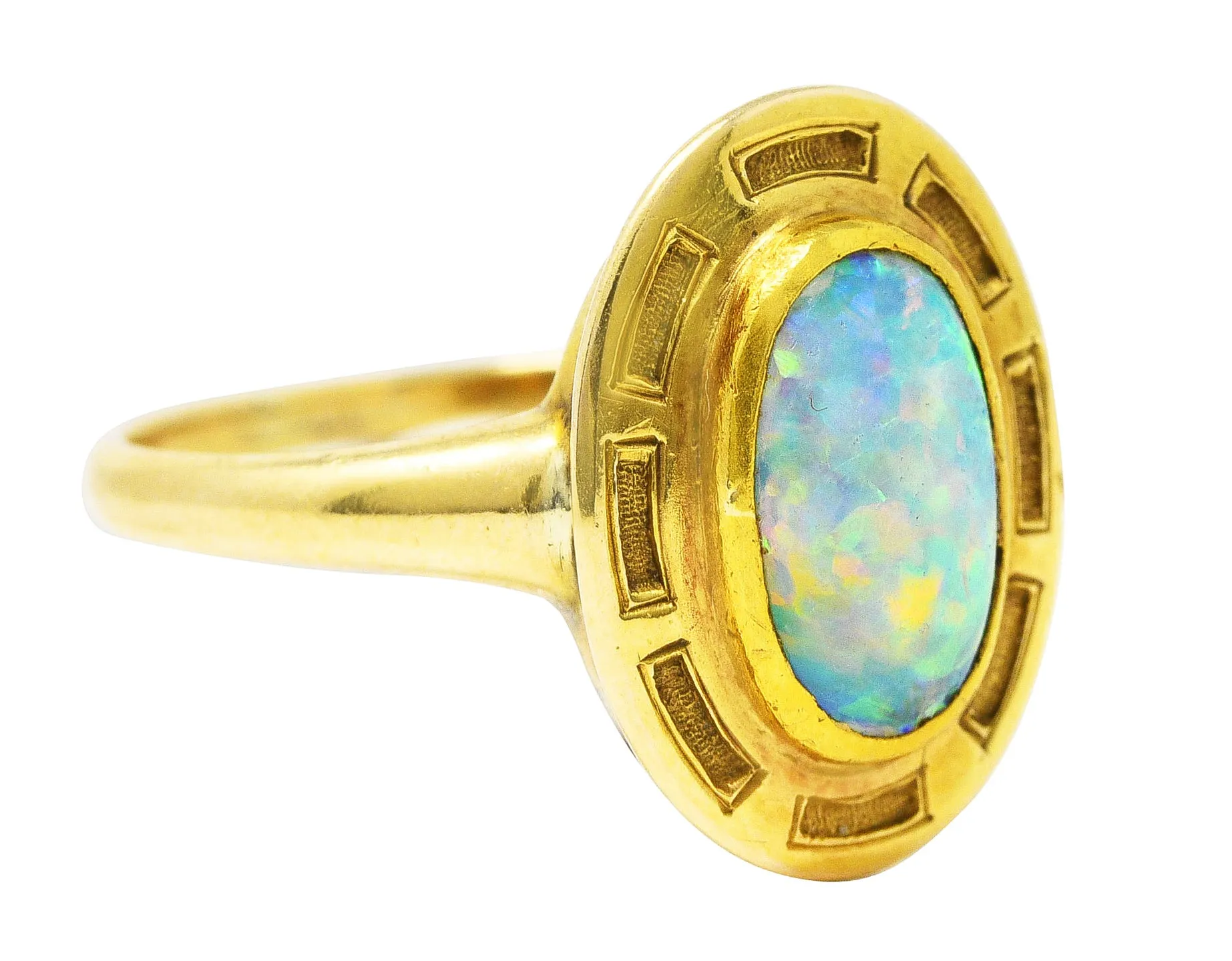 Art Nouveau Opal 14 Karat Yellow Gold Geometric Gemstone Ring