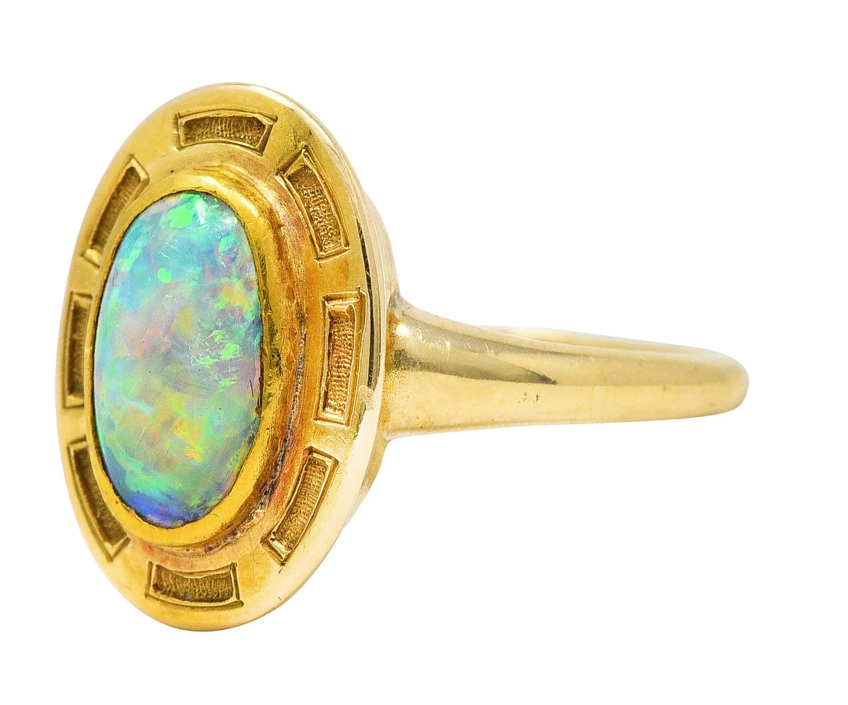 Art Nouveau Opal 14 Karat Yellow Gold Geometric Gemstone Ring