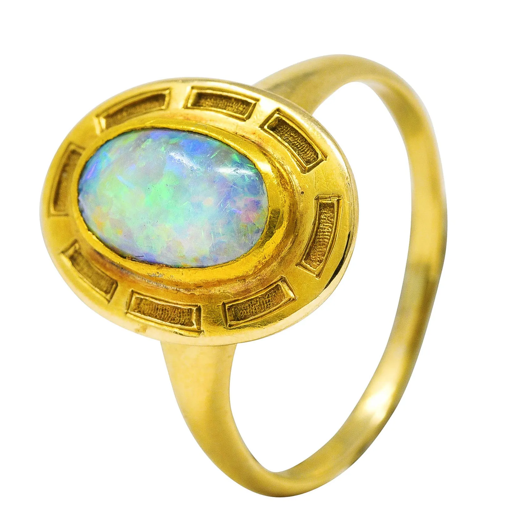 Art Nouveau Opal 14 Karat Yellow Gold Geometric Gemstone Ring