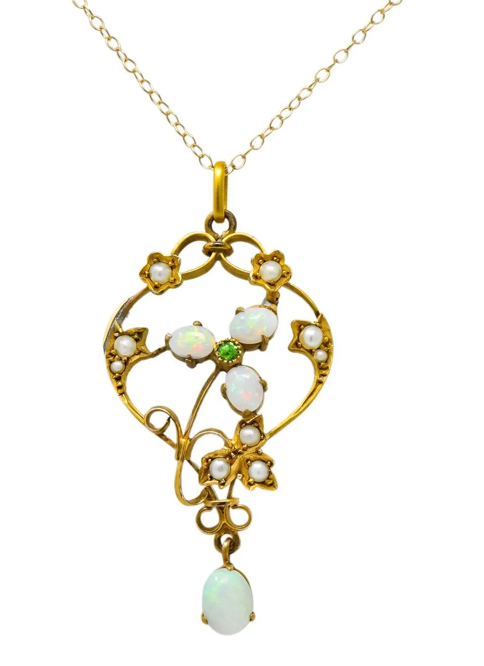 Art Nouveau Opal Demantoid Garnet Seed Pearl 14 Karat Gold Pendant Necklace