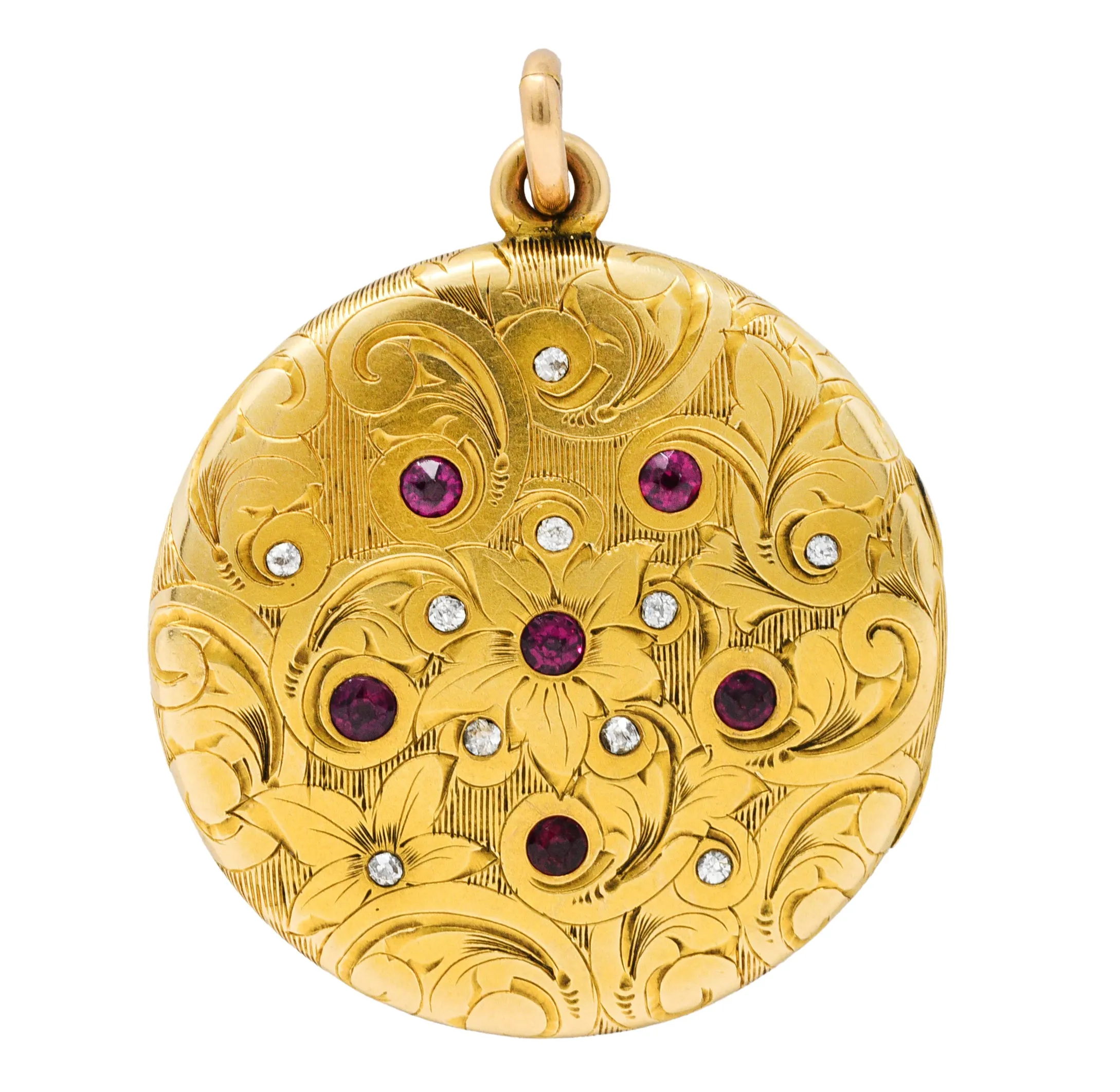 Art Nouveau Ruby Diamond 14 Karat Yellow Gold Floral Locket Pendant