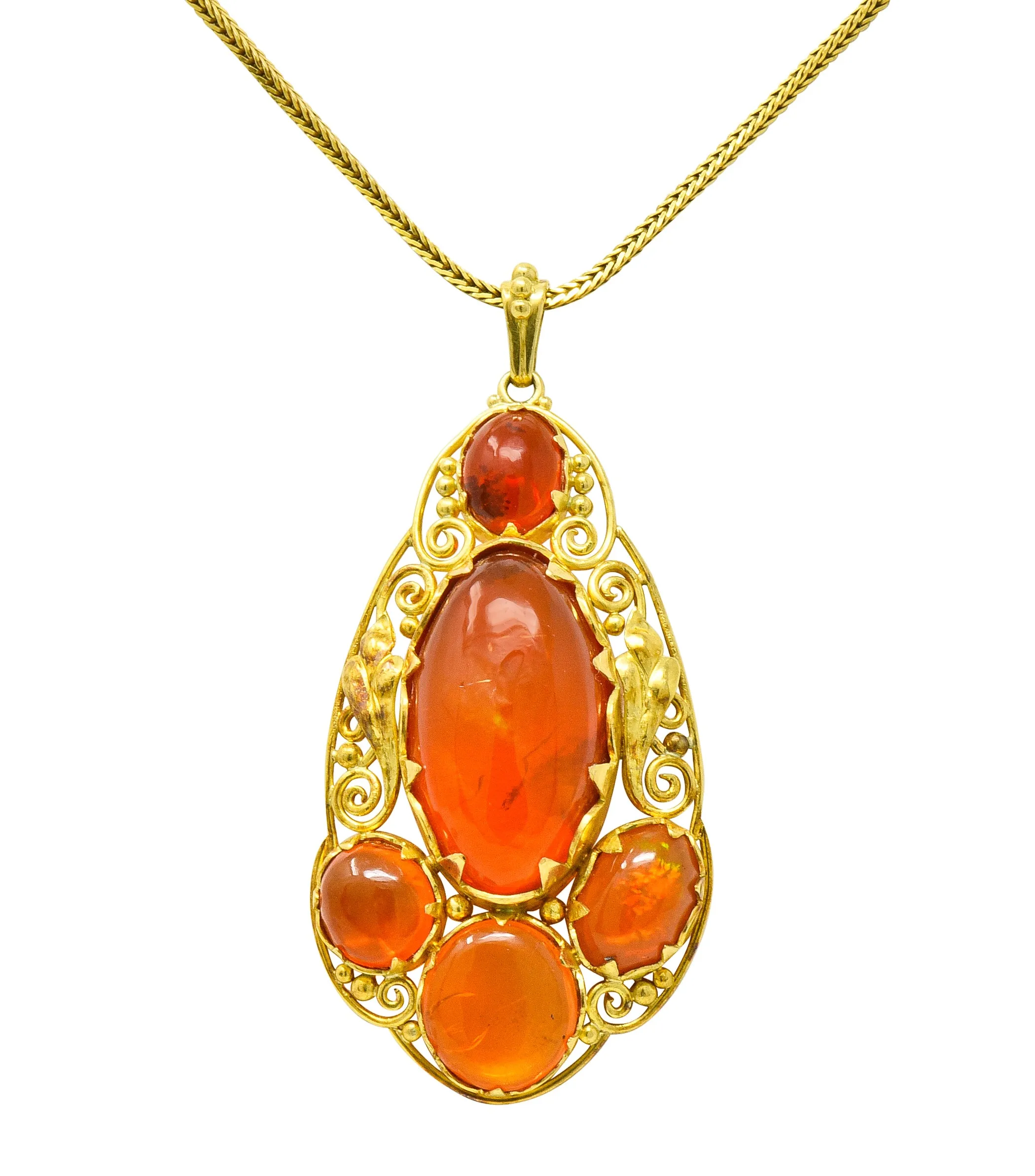 Arts & Crafts Mexican Fire Opal Cabochon 18 Karat Gold Pendant Necklace