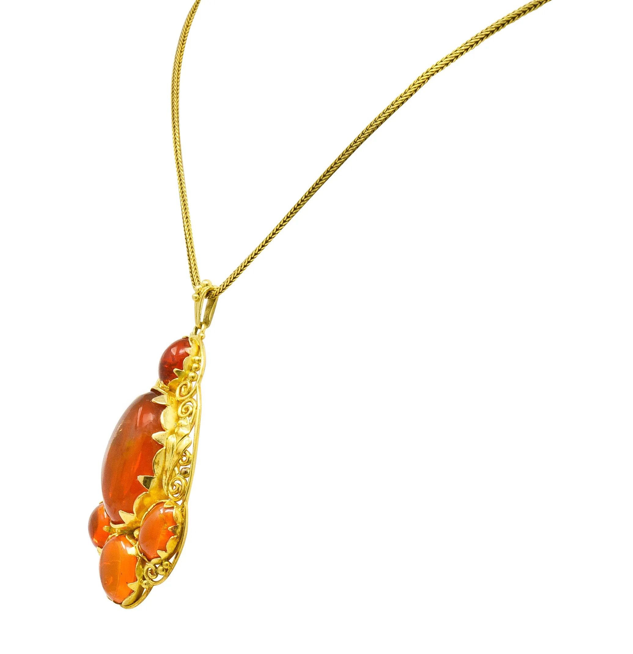 Arts & Crafts Mexican Fire Opal Cabochon 18 Karat Gold Pendant Necklace