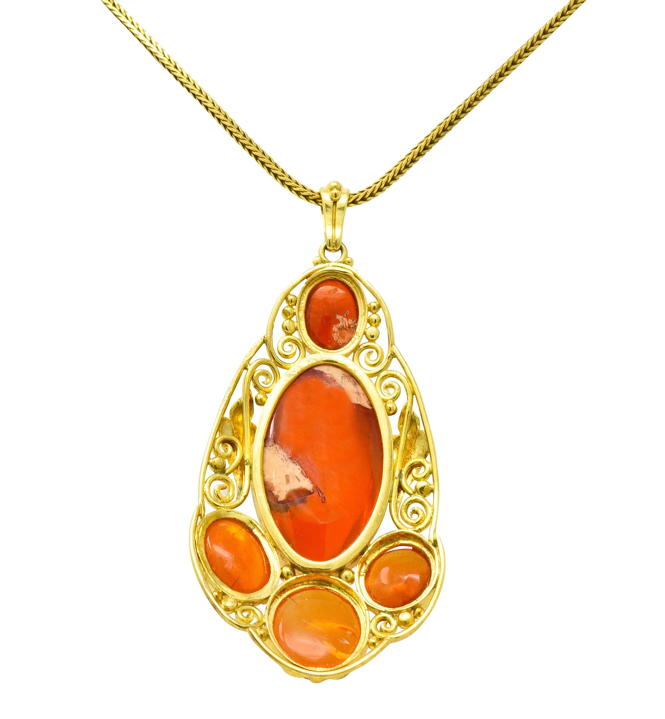 Arts & Crafts Mexican Fire Opal Cabochon 18 Karat Gold Pendant Necklace