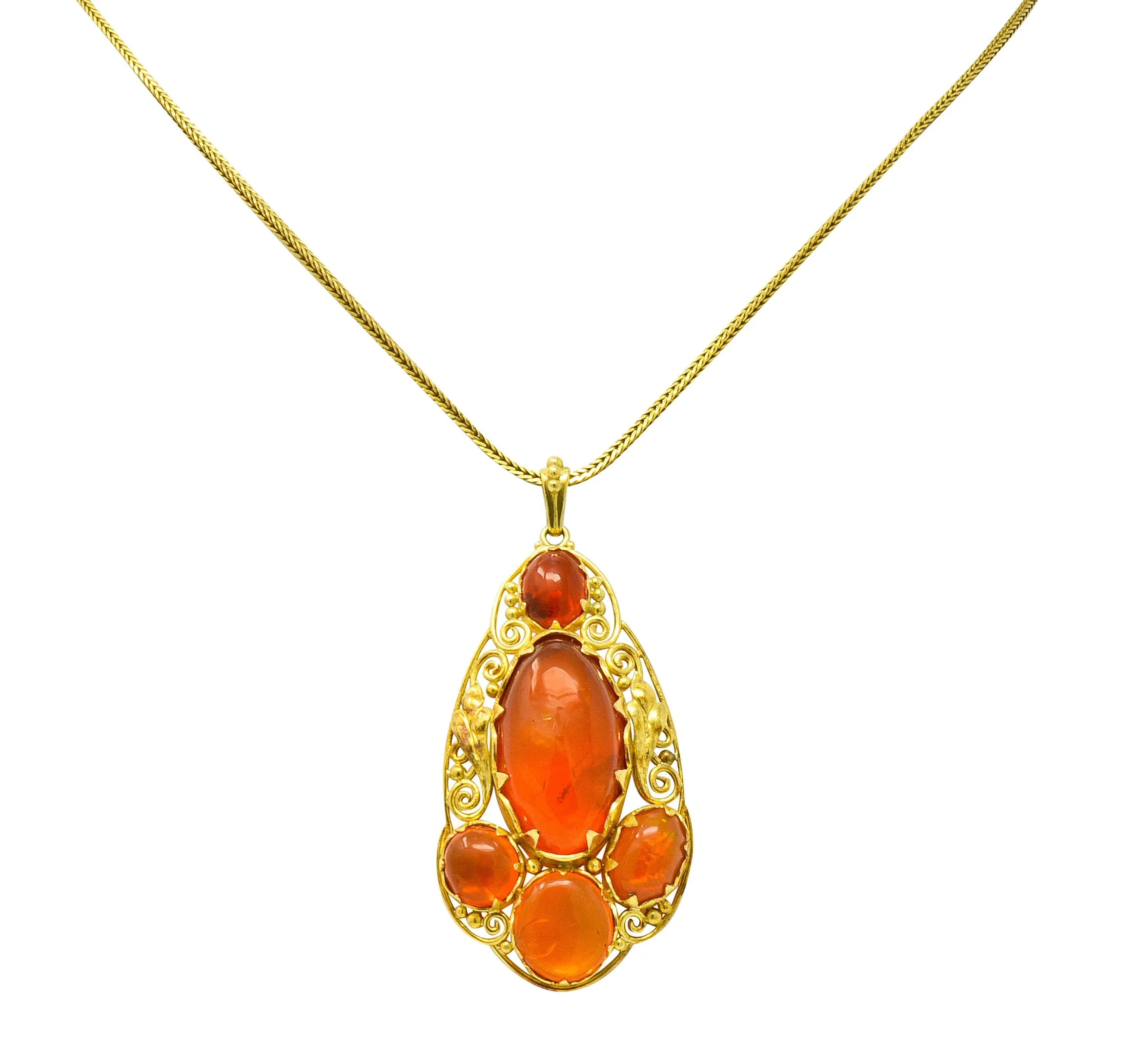 Arts & Crafts Mexican Fire Opal Cabochon 18 Karat Gold Pendant Necklace