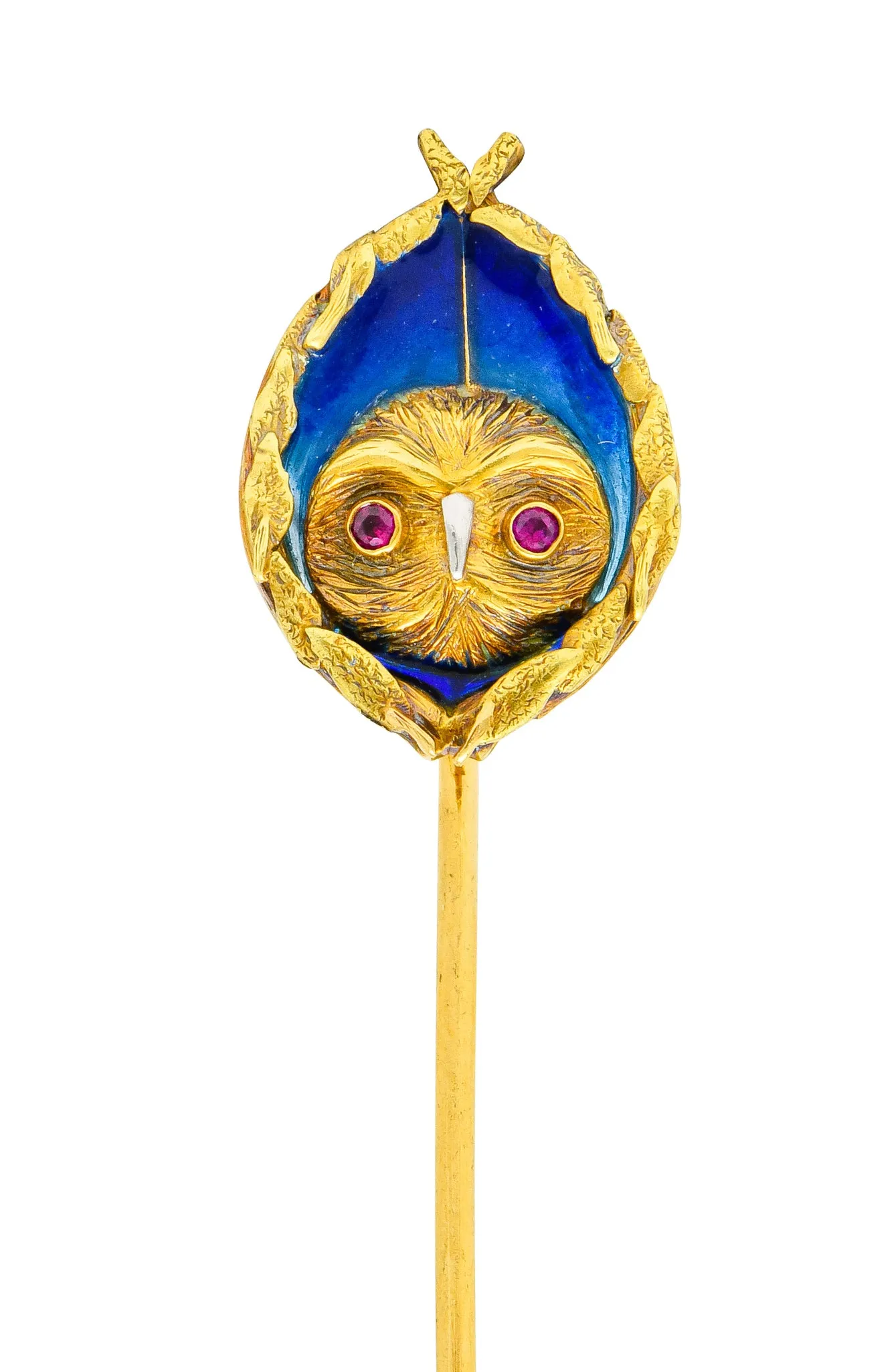 Arts & Crafts Plique-à-Jour Enamel Ruby 18 Karat Gold Foliate Owl Stickpin